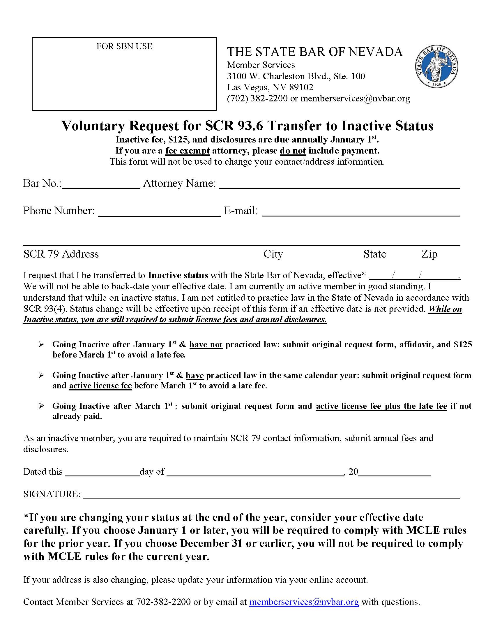 Voluntary Request For Transfer To Inactive Status | Pdf Fpdf Docx | Nevada