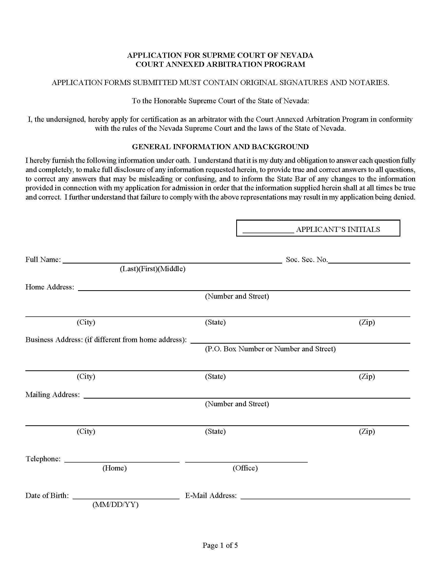 Application For Supreme Court Of Nevada Court Annexed Arbitration Program | Pdf Fpdf Doc Docx | Nevada