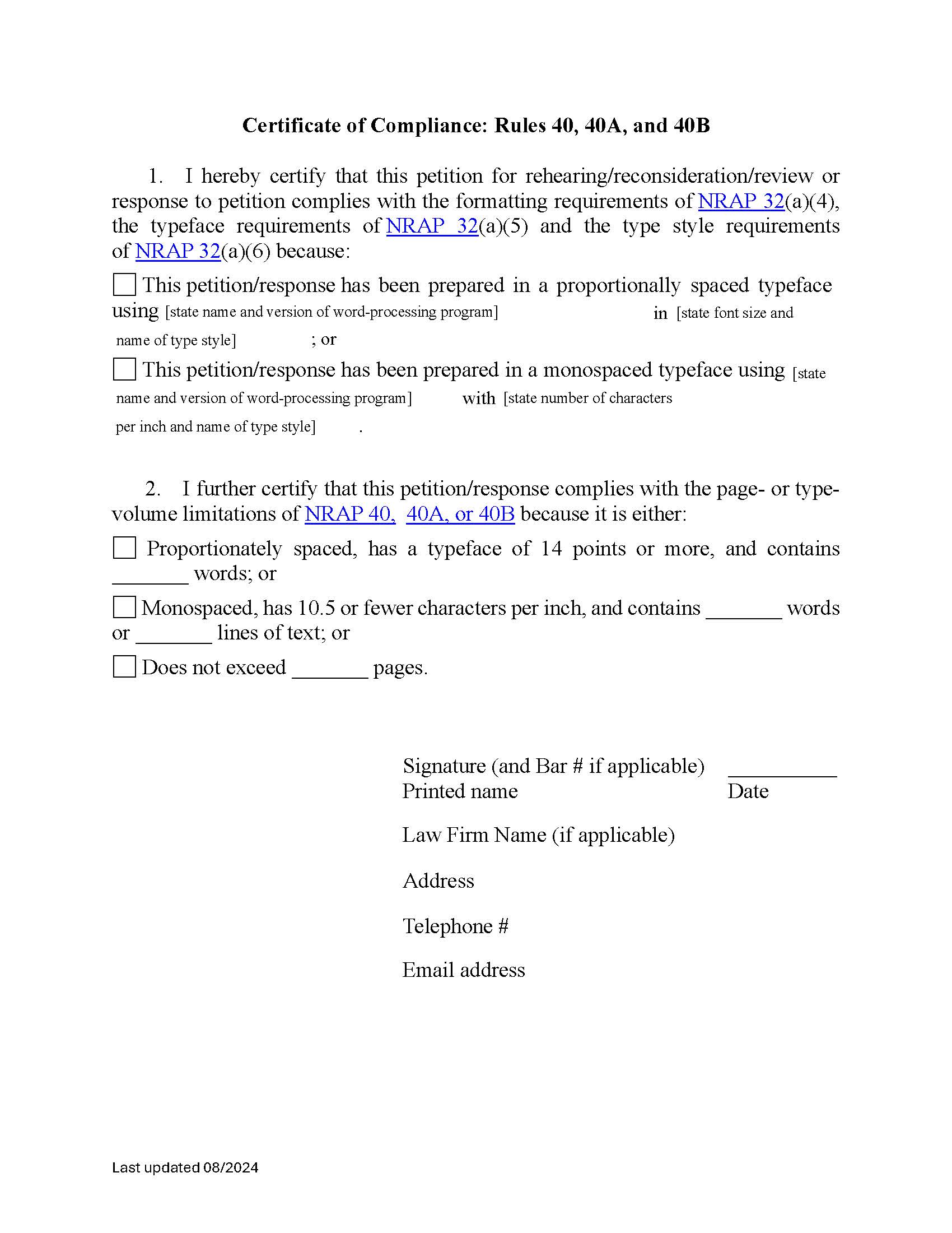 Certificate Of Compliance Pursuant To Rules 40 and 40A {16} | Pdf Fpdf Docx | Nevada