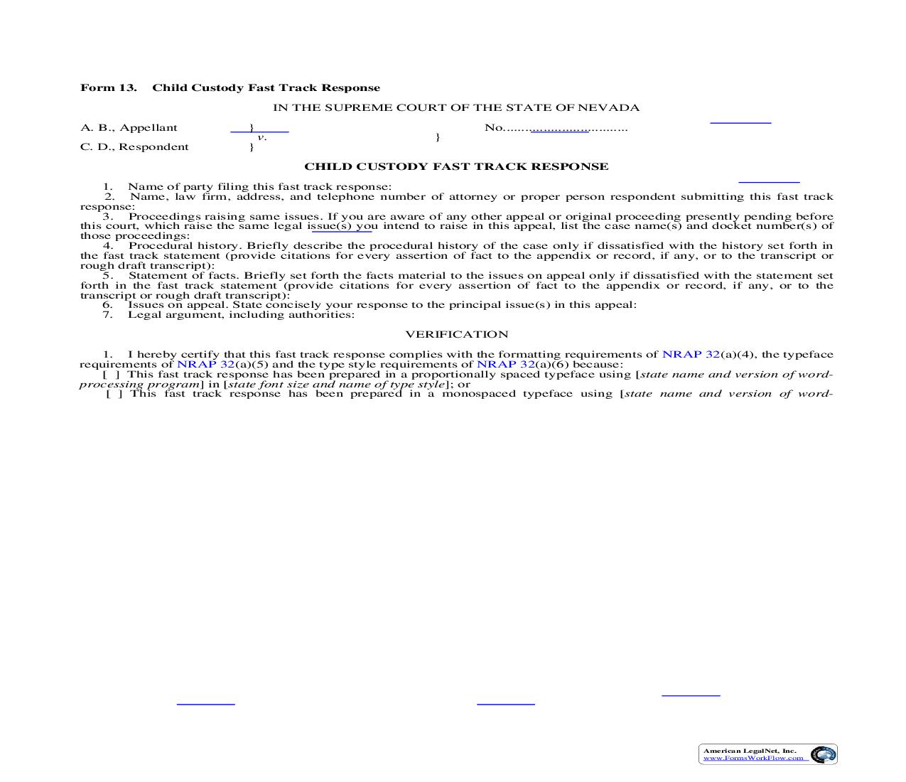 Child Custody Fast Track Response {13} | Pdf Fpdf Doc Docx | Nevada
