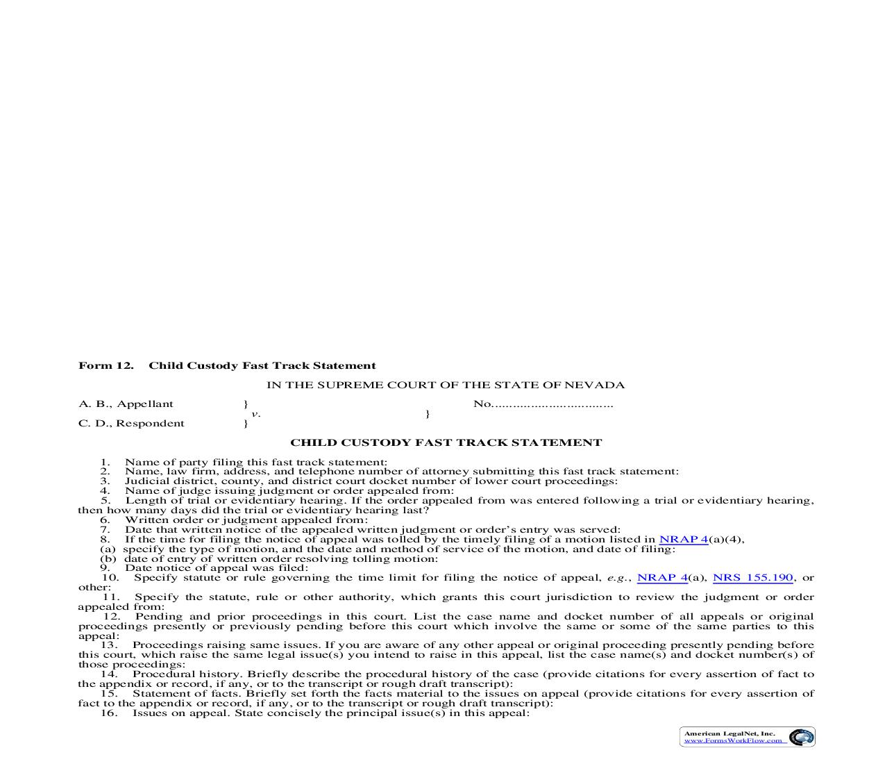 Child Custody Fast Track Statement {12} | Pdf Fpdf Doc Docx | Nevada