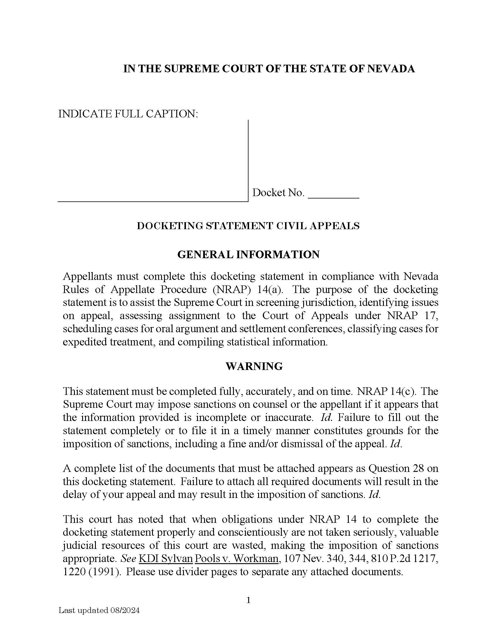 Docketing Statement - Civil | Pdf Fpdf Doc Docx | Nevada