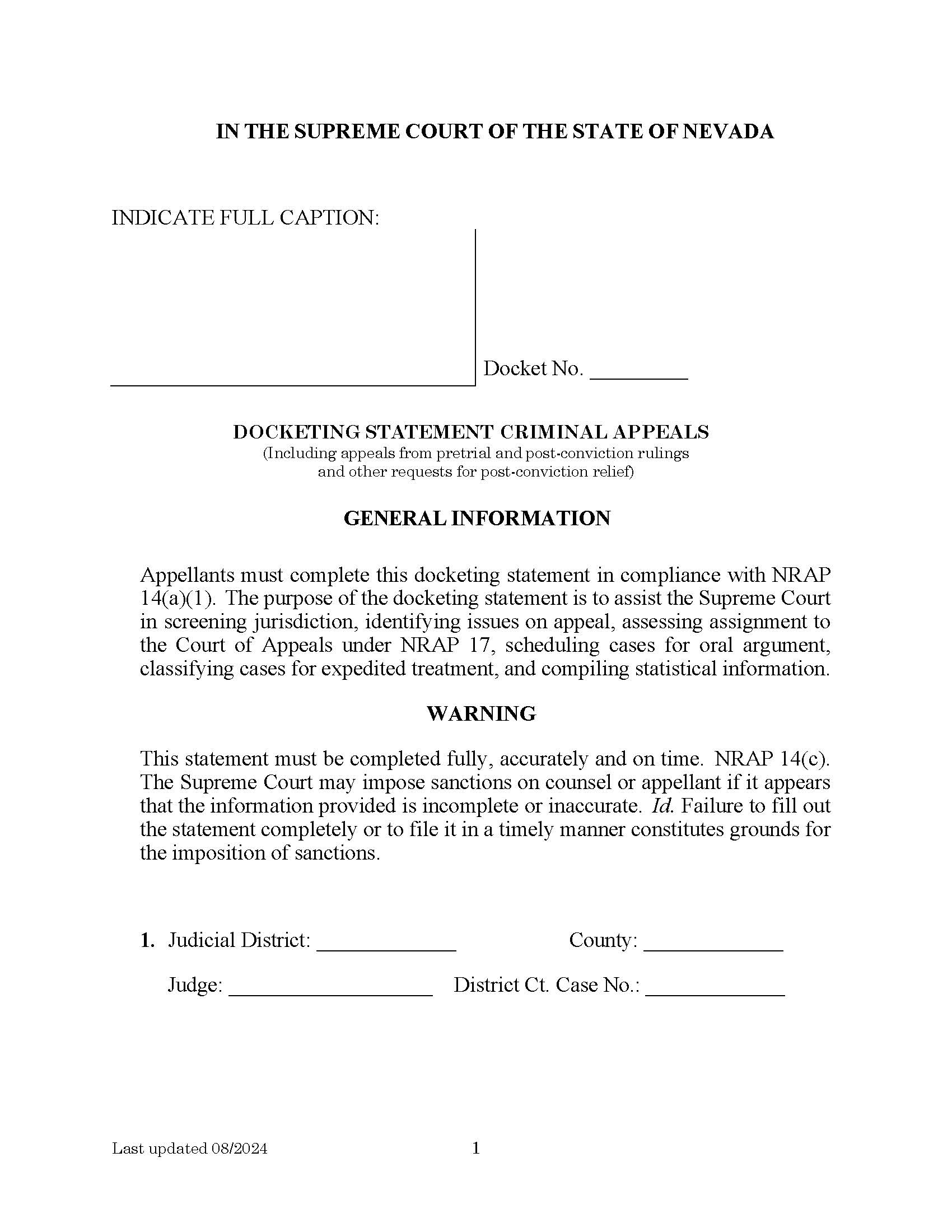 Docketing Statement - Criminal | Pdf Fpdf Doc Docx | Nevada
