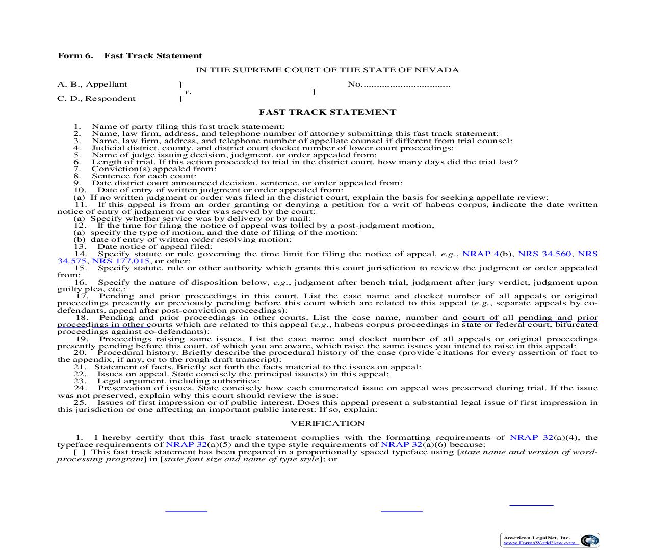Fast Track Statement {6} | Pdf Fpdf Doc Docx | Nevada