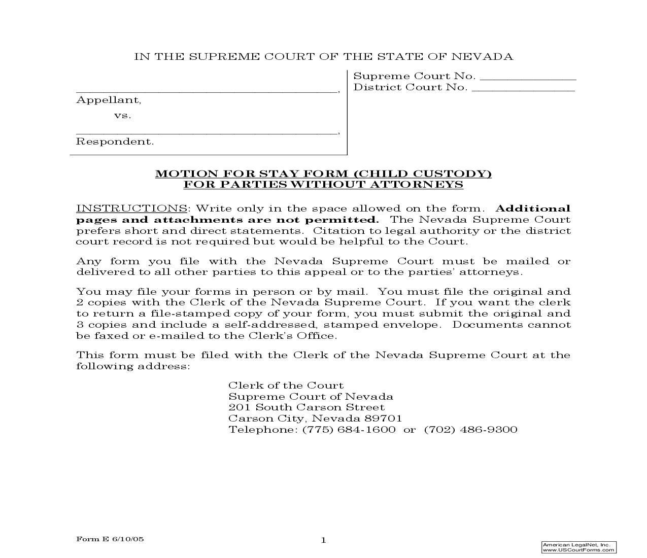 Motion For Stay Form (Child Custody) For Parties Without Attorneys {E} | Pdf Fpdf Doc Docx | Nevada