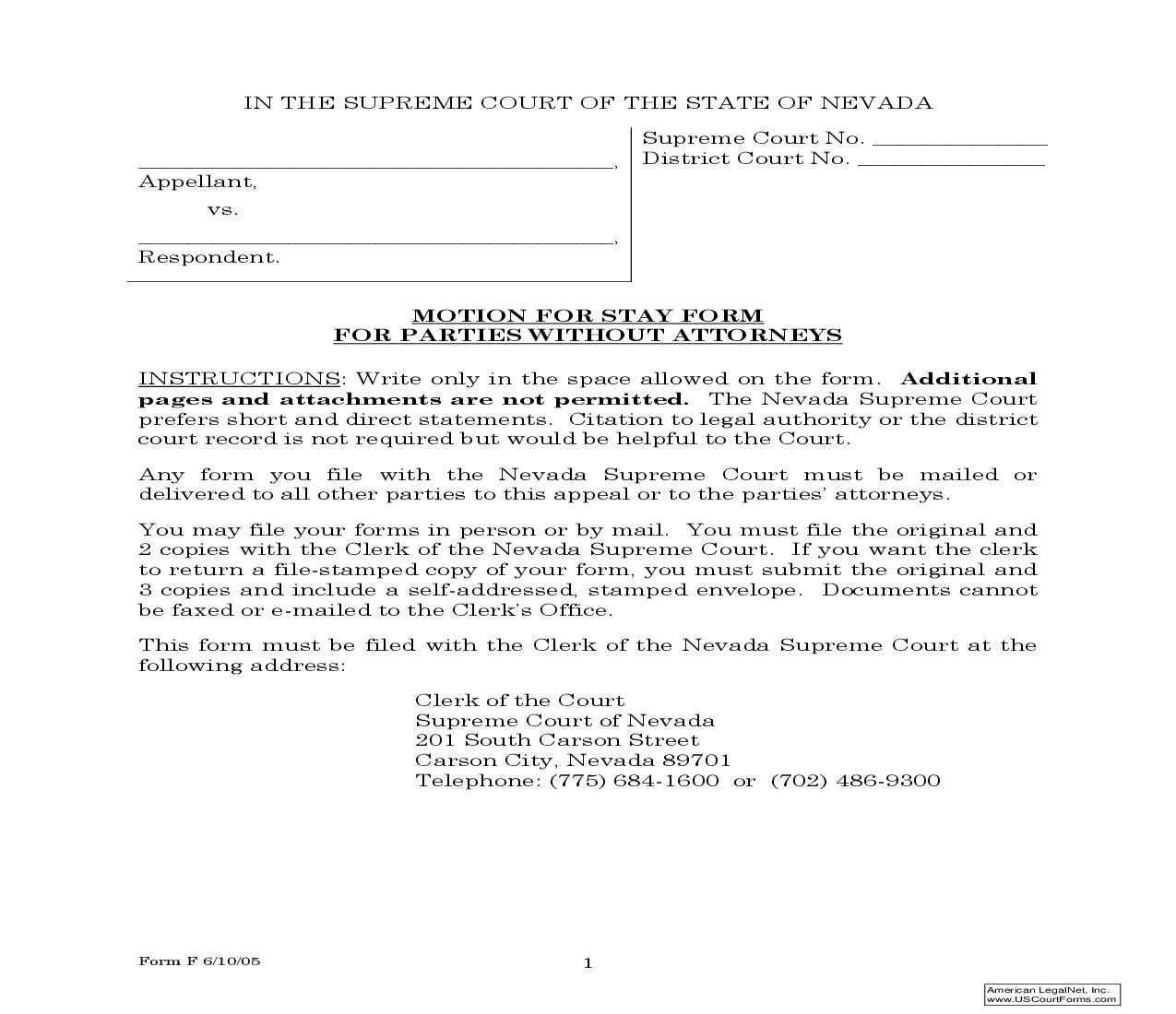 Motion For Stay Form For Parties Without Attorneys {F} | Pdf Fpdf Doc Docx | Nevada
