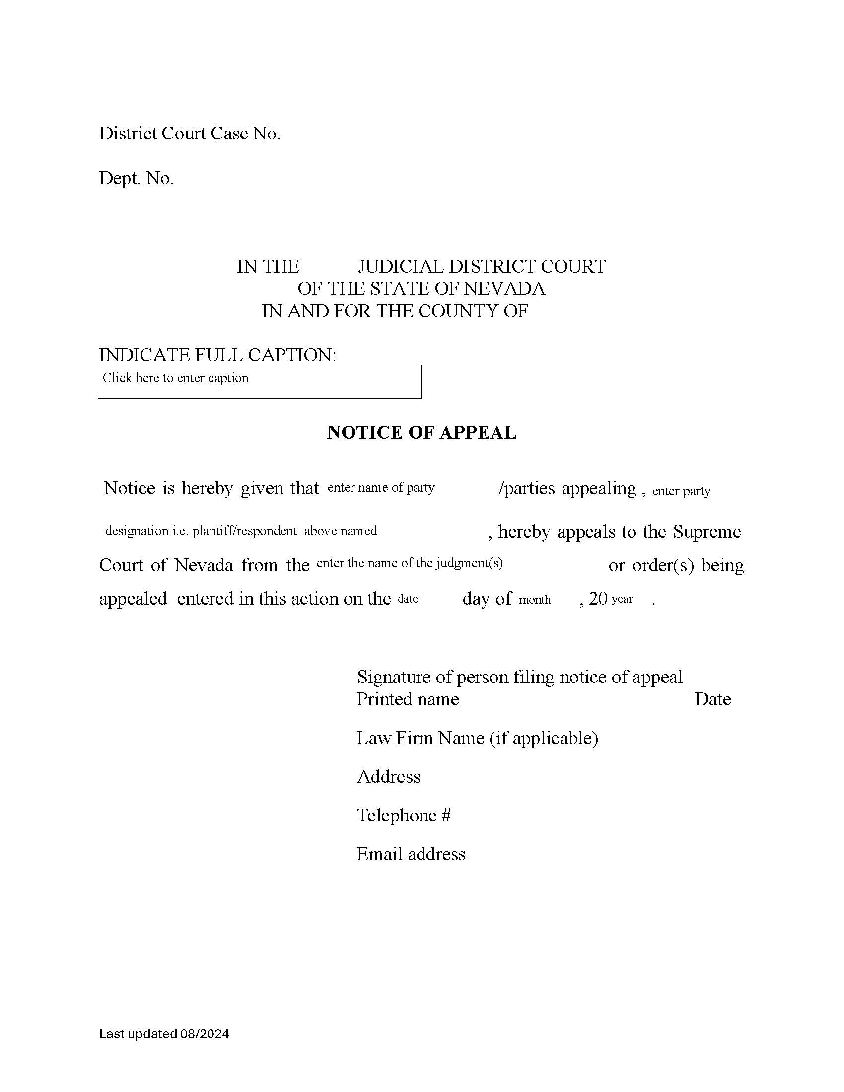 Notice Of Appeal To Supreme Court From Judgment Or Order Of District Court {1} | Pdf Fpdf Doc Docx | Nevada