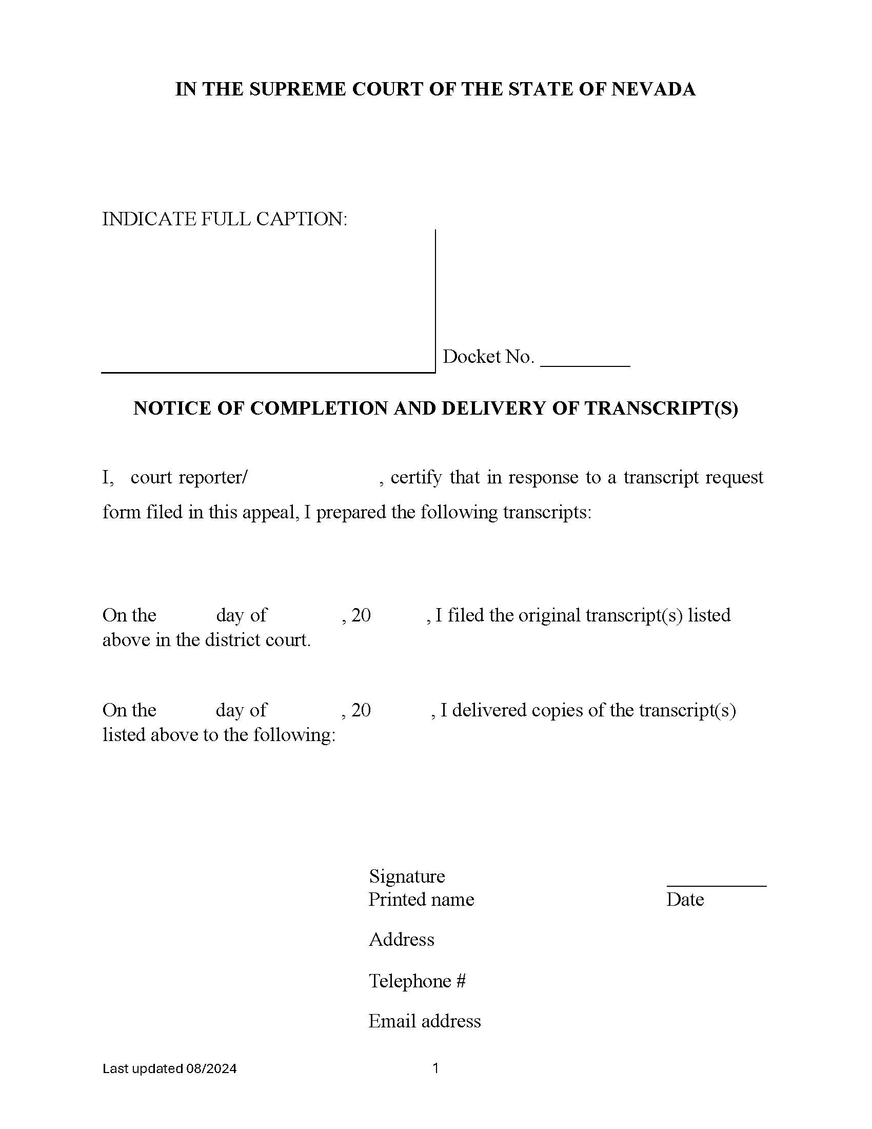 Notice Of Completion And Delivery Of Transcripts {15} | Pdf Fpdf Docx | Nevada