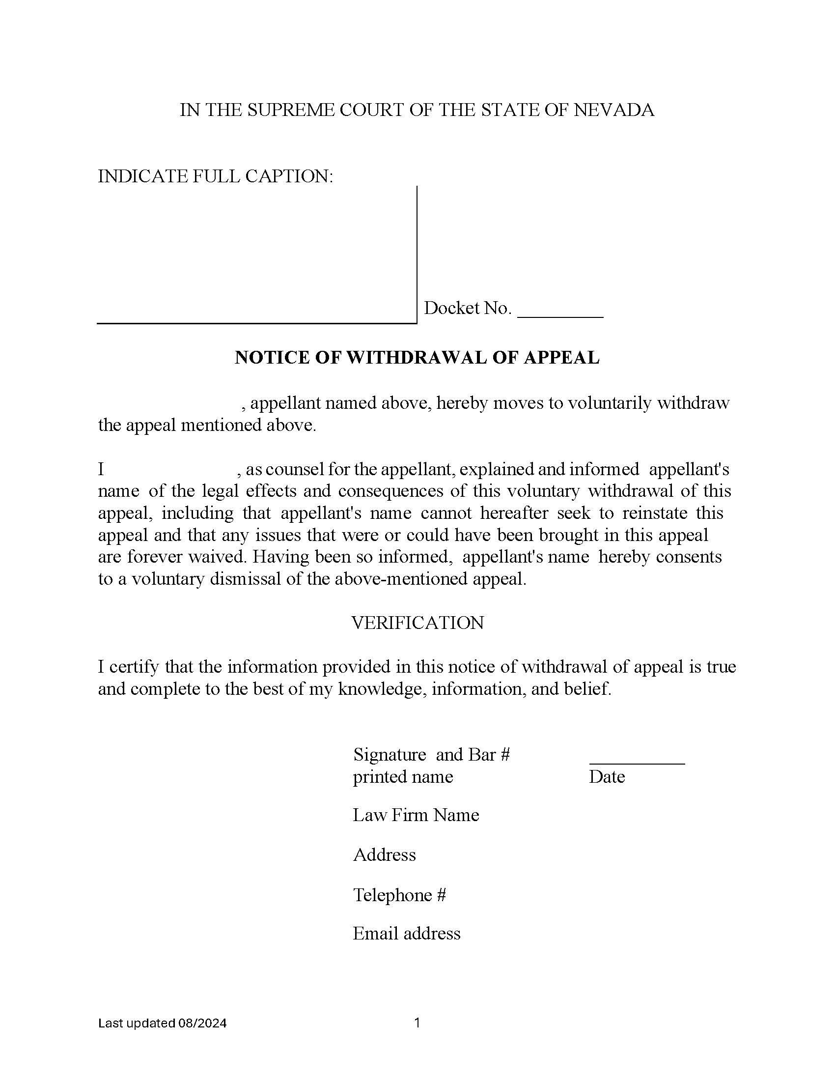 Notice Of Withdrawal Of Appeal {8} | Pdf Fpdf Doc Docx | Nevada