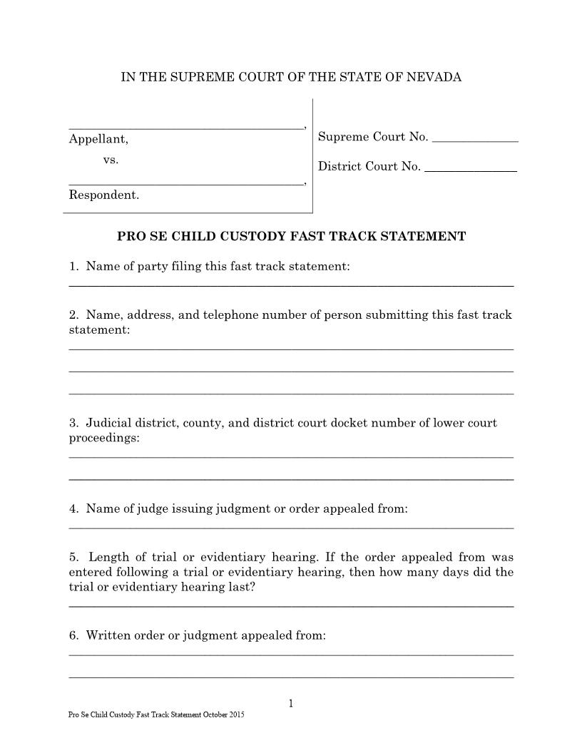 Pro Se Child Custody Fast Track Statement | Pdf Fpdf Docx | Nevada