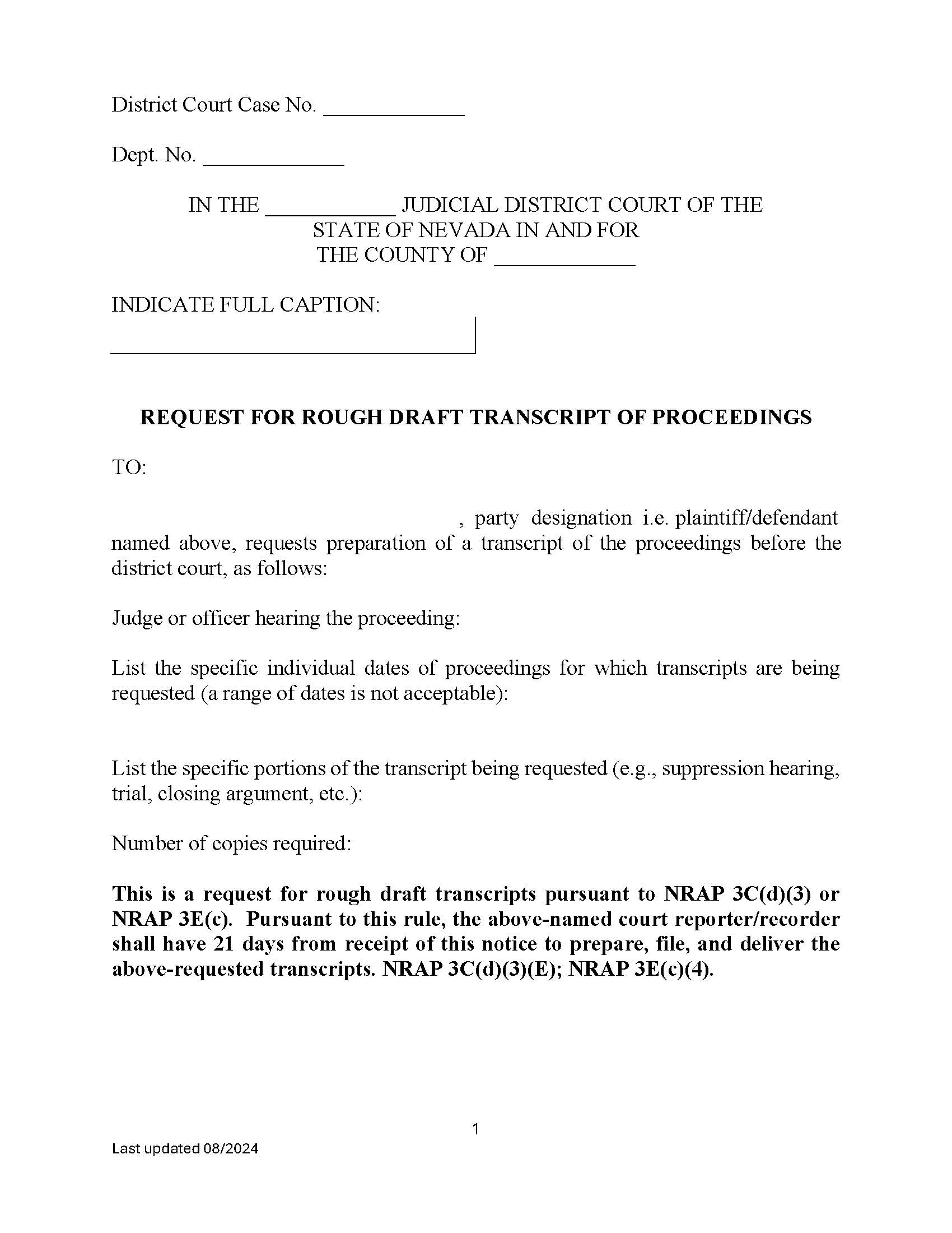Request For Rough Draft Transcript Of Proceeding In District Court {5} | Pdf Fpdf Doc Docx | Nevada