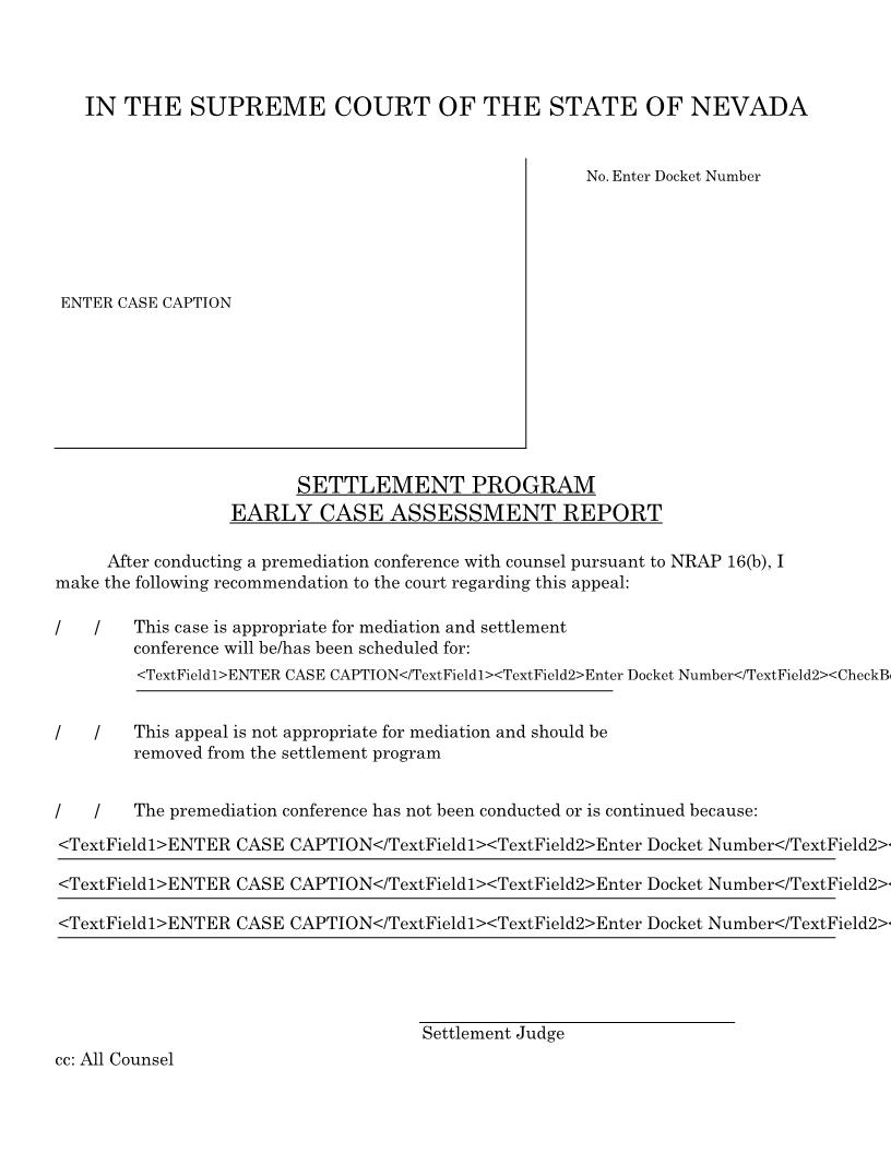 Settlement Program - Early Case Assessment Report | Pdf Fpdf Doc Docx | Nevada