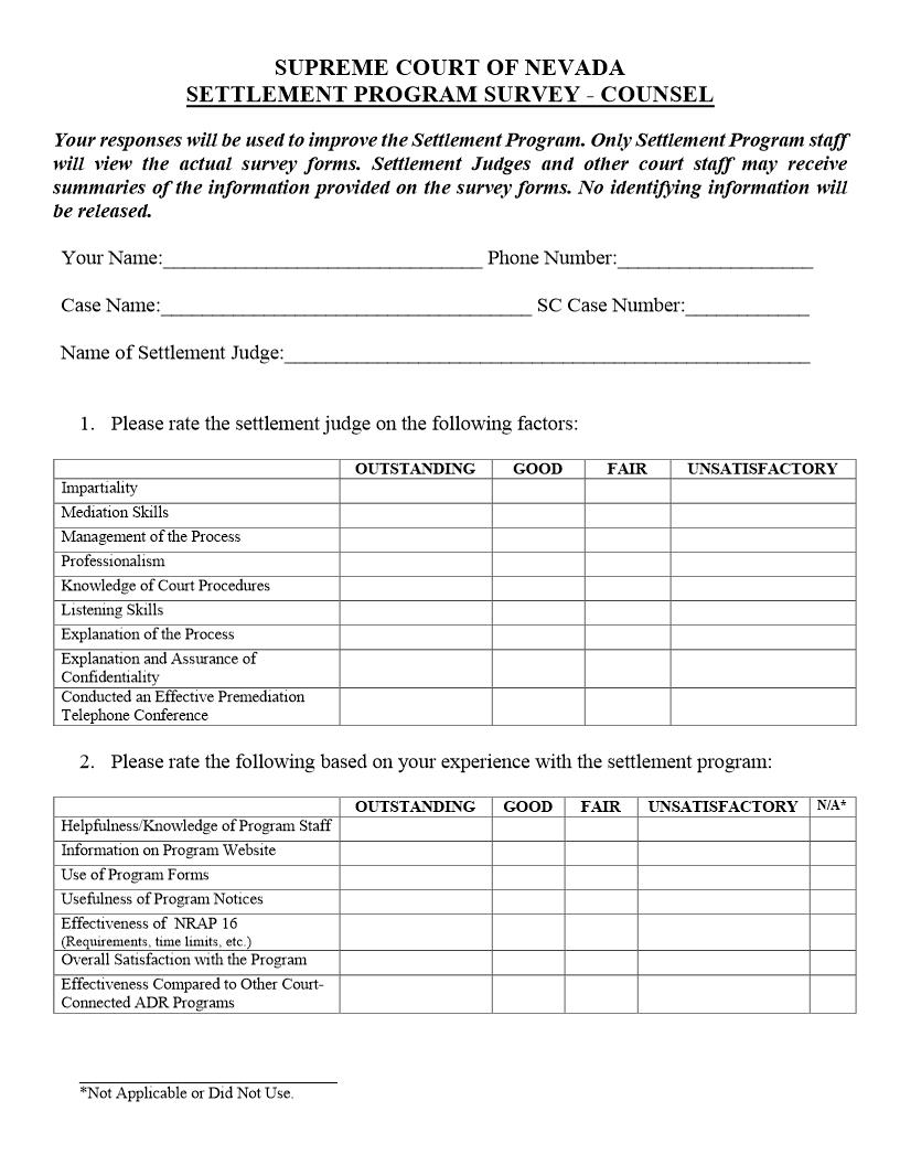 Settlement Program Survey Counsel | Pdf Fpdf Docx | Nevada