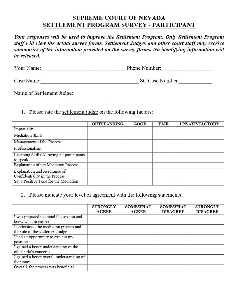 Settlement Program Survey Participant | Pdf Fpdf Docx | Nevada