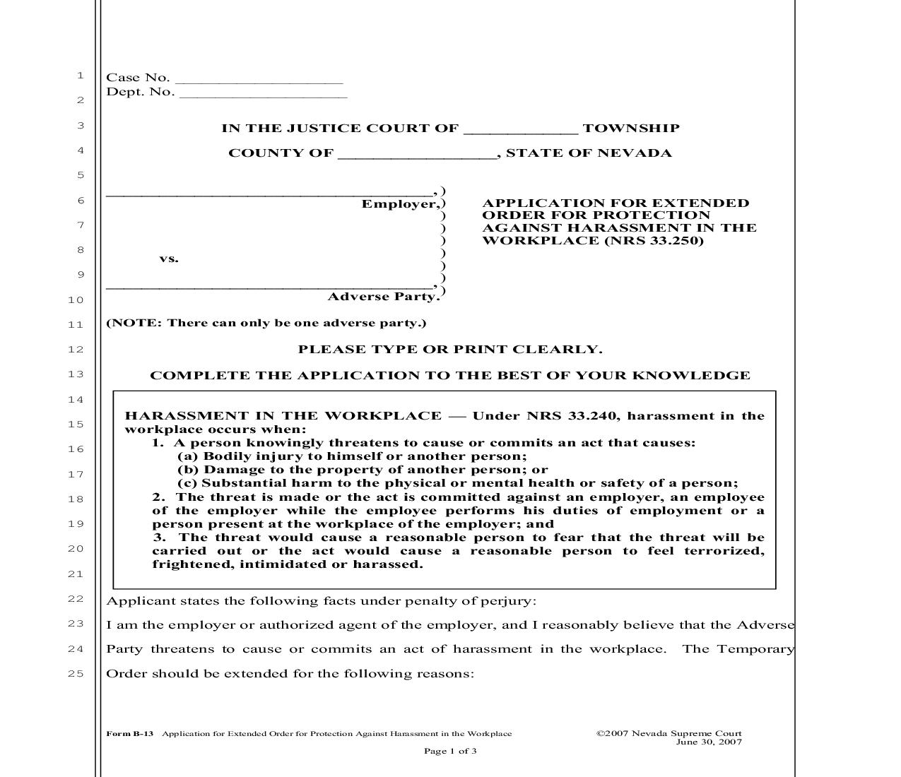 Application For Extended Order For Protection Against Harassment In The Workplace {B-13} | Pdf Fpdf Doc Docx | Nevada