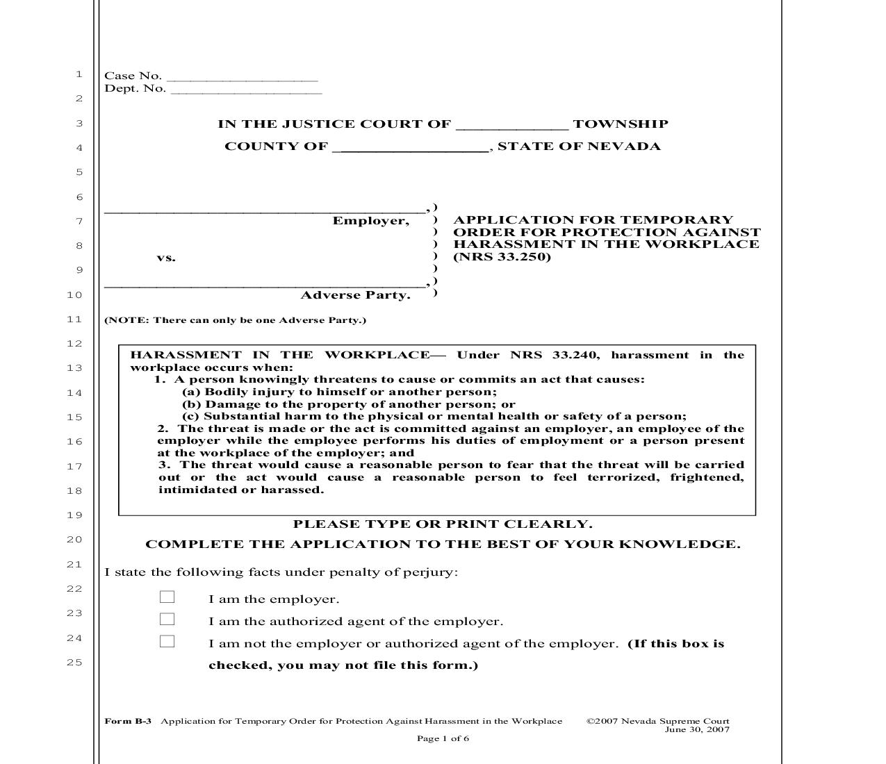 Application For Temporary Order For Protection Against Harassment In The Workplace {B-3} | Pdf Fpdf Doc Docx | Nevada