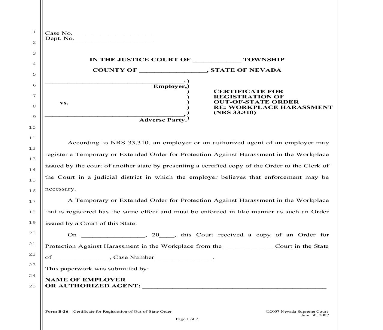 Certificate For Registration Of Out-Of-State Order {B-26} | Pdf Fpdf Doc Docx | Nevada