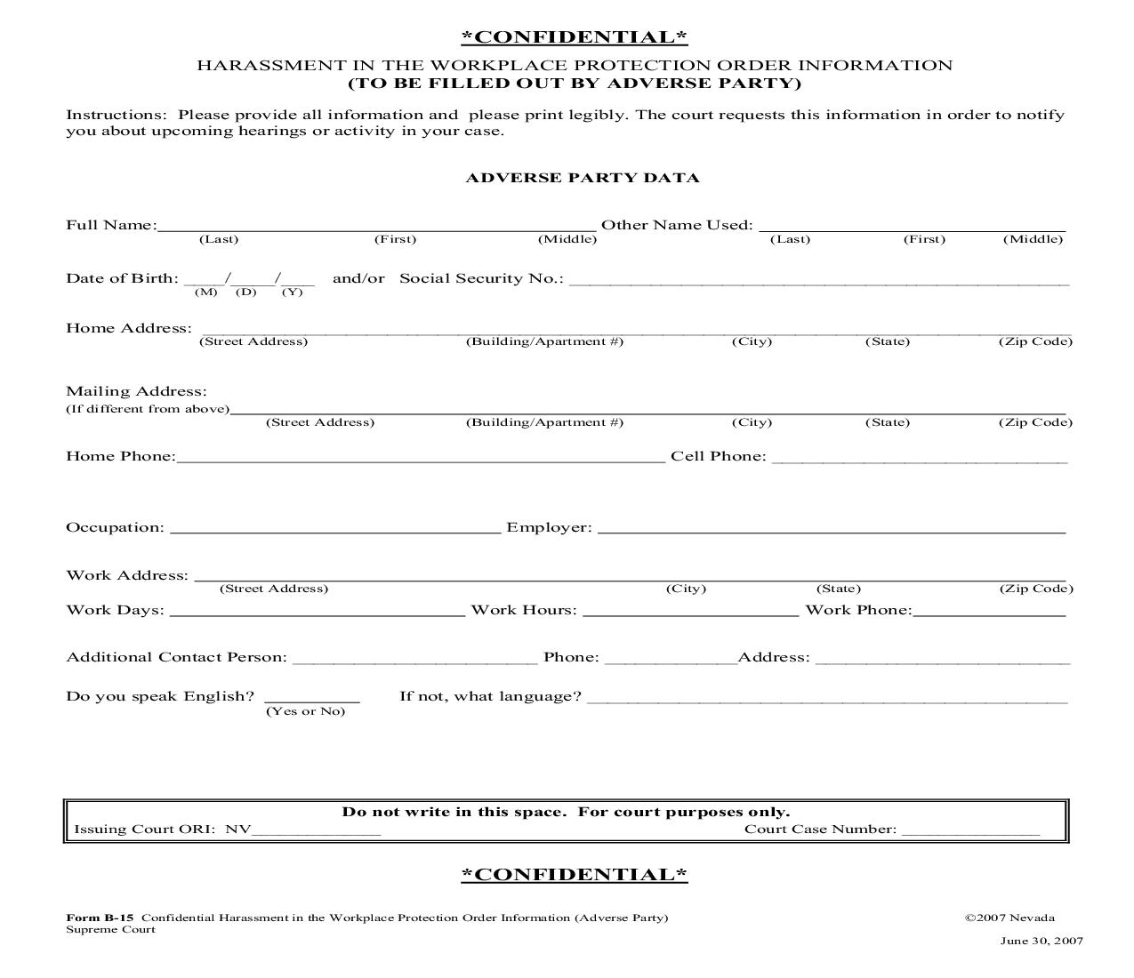 Confidential Harassment In The Workplace Protection Order Information (Adverse Party) {B-15} | Pdf Fpdf Doc Docx | Nevada