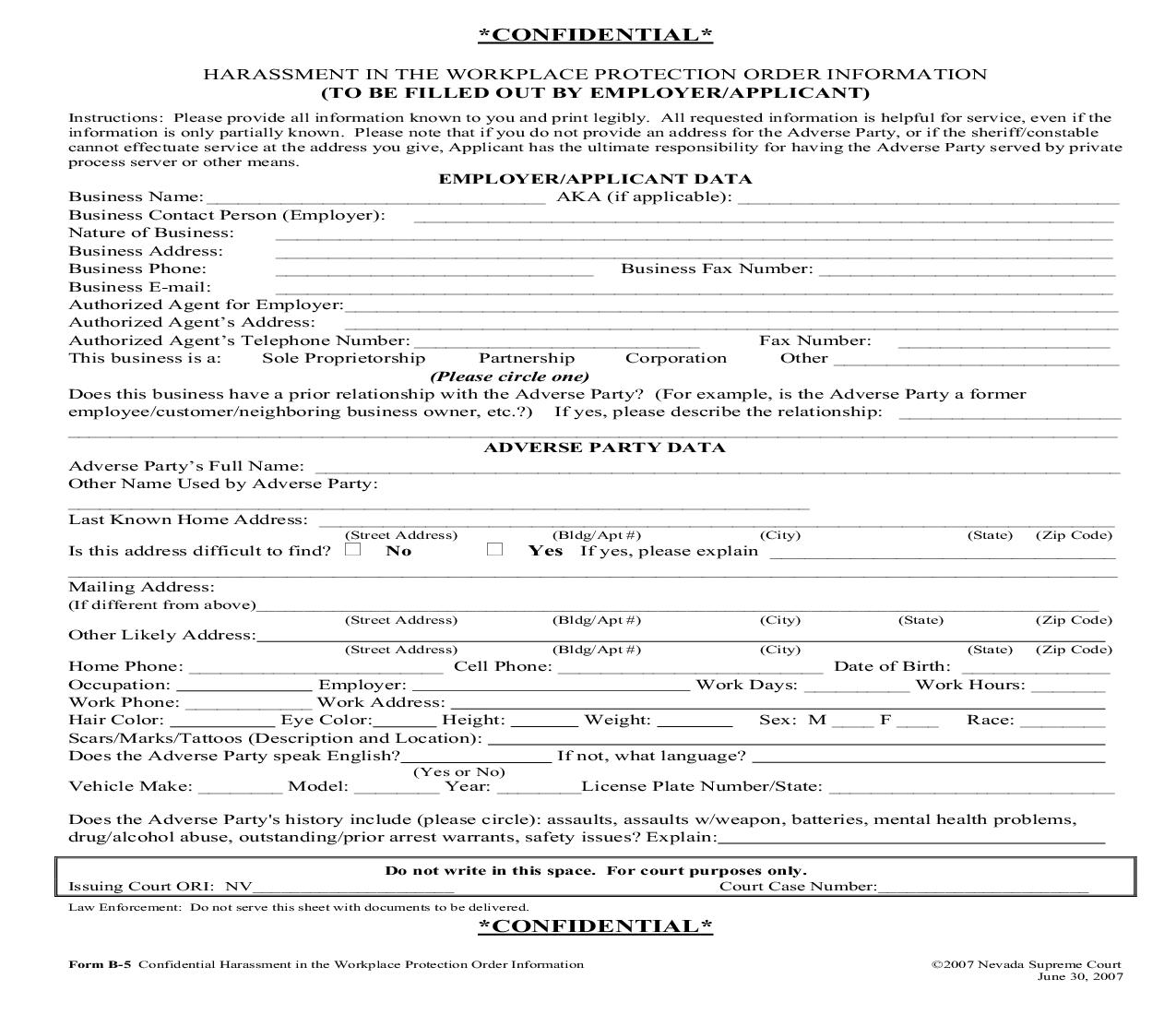 Confidential Harassment In The Workplace Protection Order Information (Applicant) {B-5} | Pdf Fpdf Doc Docx | Nevada