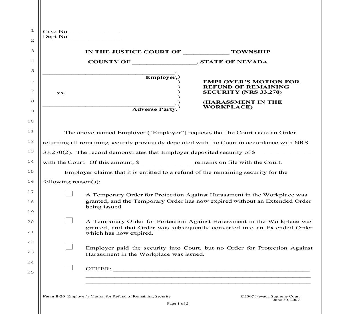 Employers Motion For Refund Of Remaining Security {B-20} | Pdf Fpdf Doc Docx | Nevada