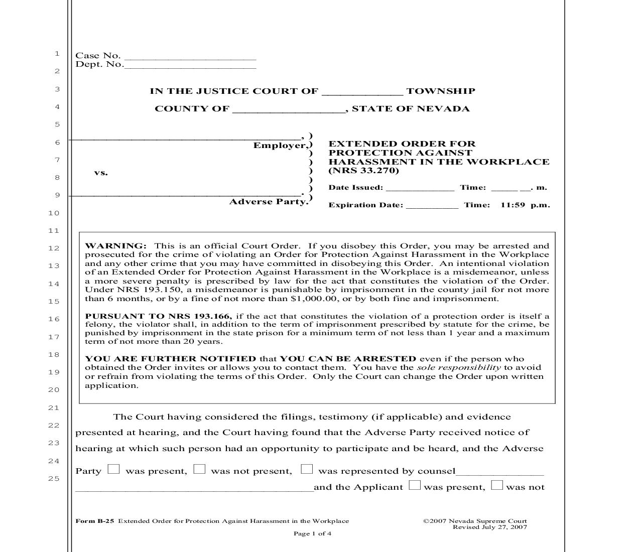 Extended Order For Protection Against Harassment In The Workplace {B-25} | Pdf Fpdf Doc Docx | Nevada