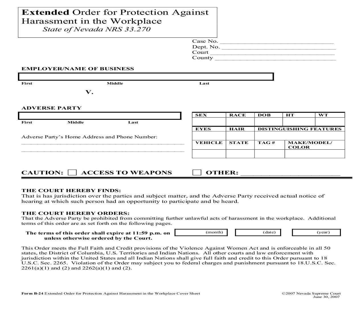 Extended Order For Protection Against Harassment In The Workplace Cover Sheet {B-24} | Pdf Fpdf Doc Docx | Nevada