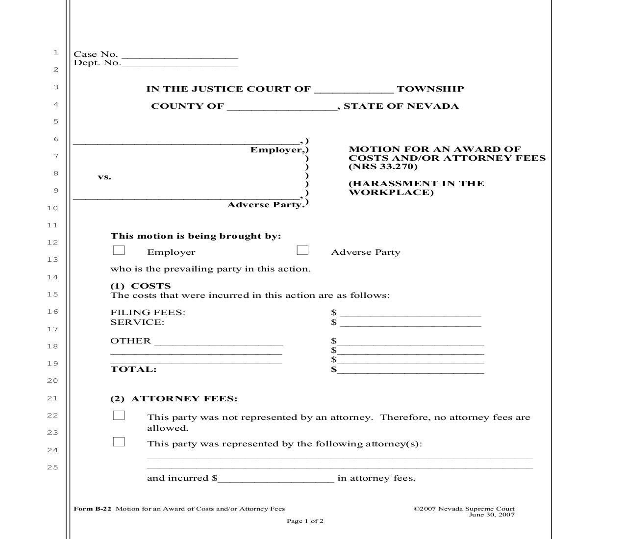 Motion For An Award Of Costs And Or Attorney Fees {B-22} | Pdf Fpdf Doc Docx | Nevada