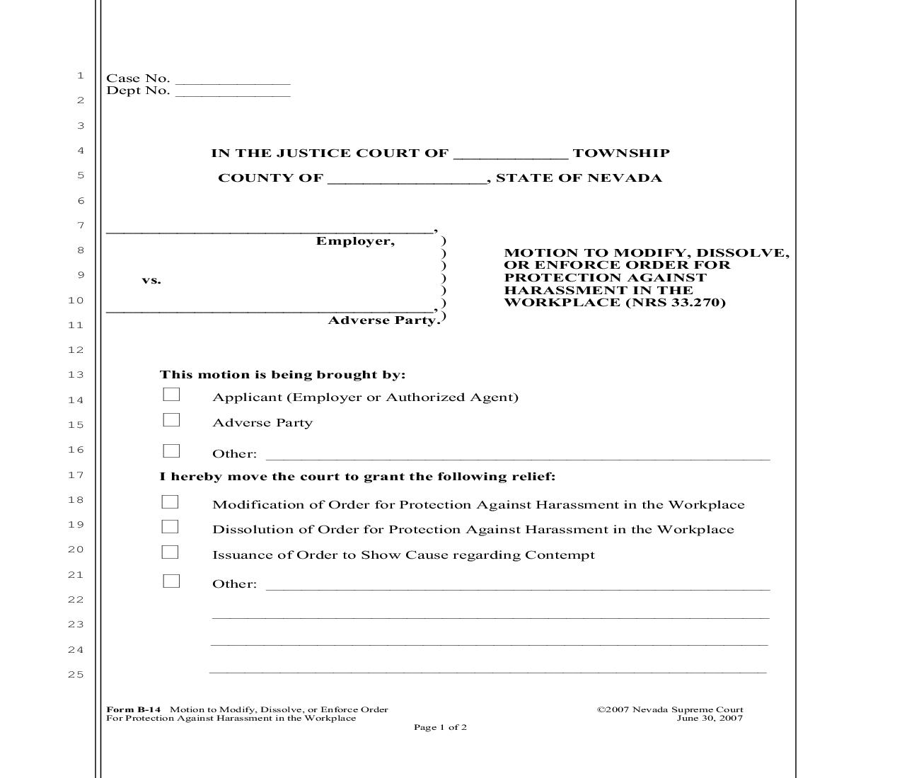 Motion to Modify Dissolve Or Enforce Order For Protection Against Harassment In The Workplace {B-14} | Pdf Fpdf Doc Docx | Nevada