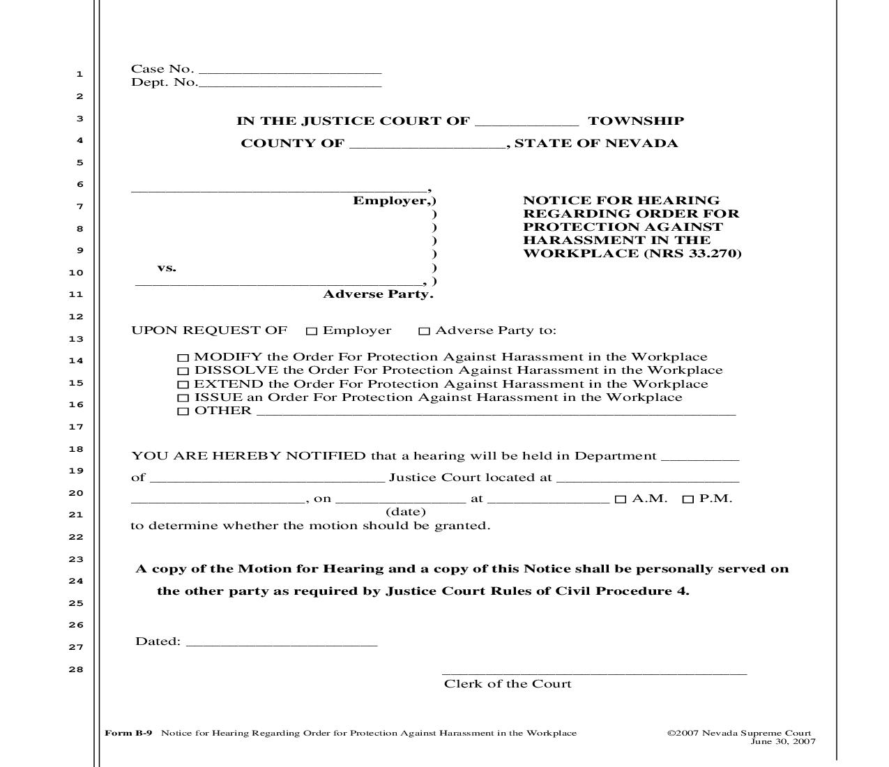 Notice For Hearing Regarding Order For Protection Against Harassment In The Workplace {B-9} | Pdf Fpdf Doc Docx | Nevada