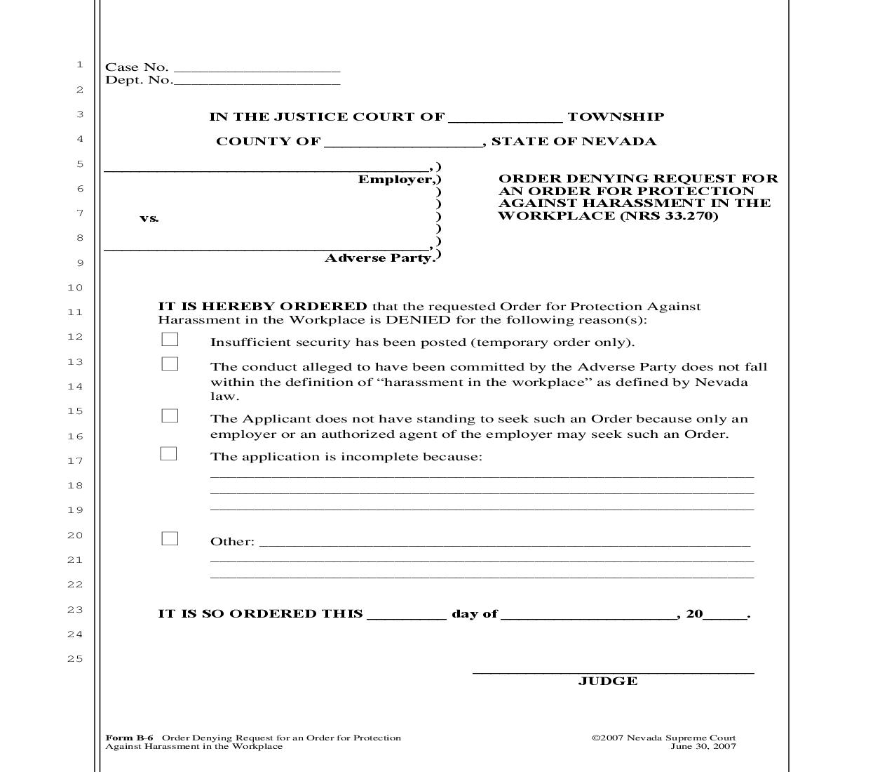 Order Denying Request For An Order For Protection Against Harassment In The Workplace {B-6} | Pdf Fpdf Doc Docx | Nevada