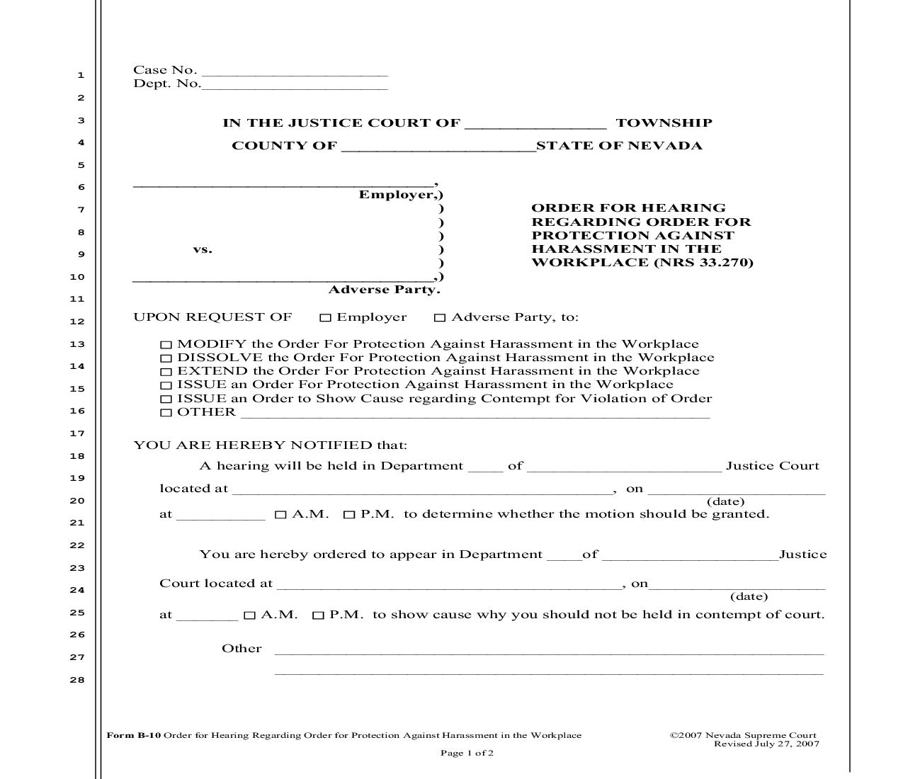 Order For Hearing Regarding Order For Protection Against Harassment In The Workplace {B-10} | Pdf Fpdf Doc Docx | Nevada