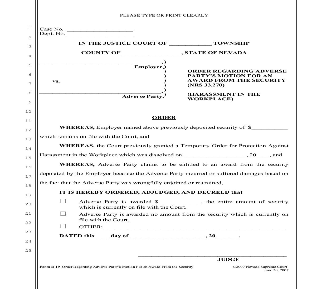Order Regarding Adverse Partys Motion For An Award From The Security {B-19} | Pdf Fpdf Doc Docx | Nevada