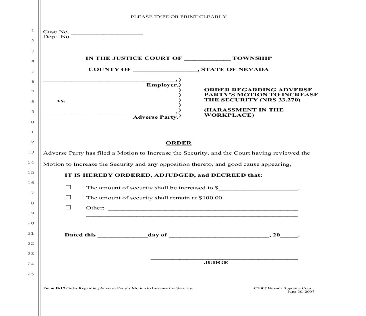 Order Regarding Adverse Partys Motion To Increase The Security {B-17} | Pdf Fpdf Doc Docx | Nevada