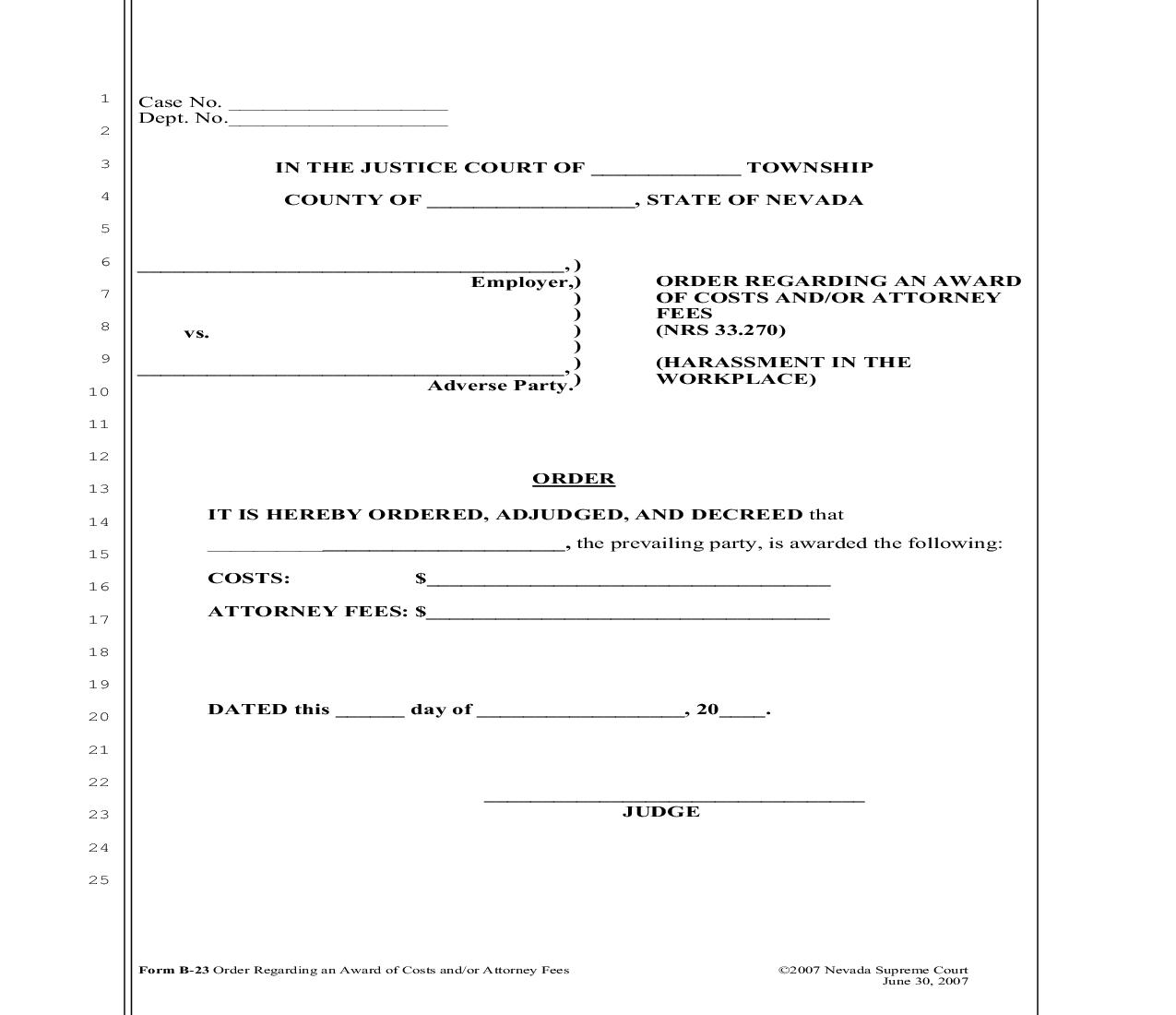 Order Regarding An Award Of Costs And Or Attorney Fees {B-23} | Pdf Fpdf Doc Docx | Nevada