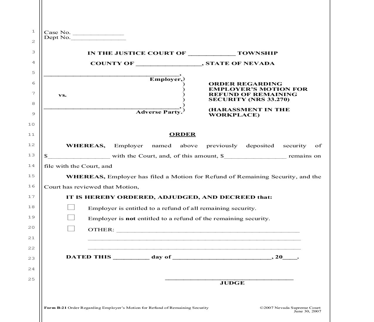 Order Regarding Employers Motion For Refund Of Remaining Security {B-21} | Pdf Fpdf Doc Docx | Nevada