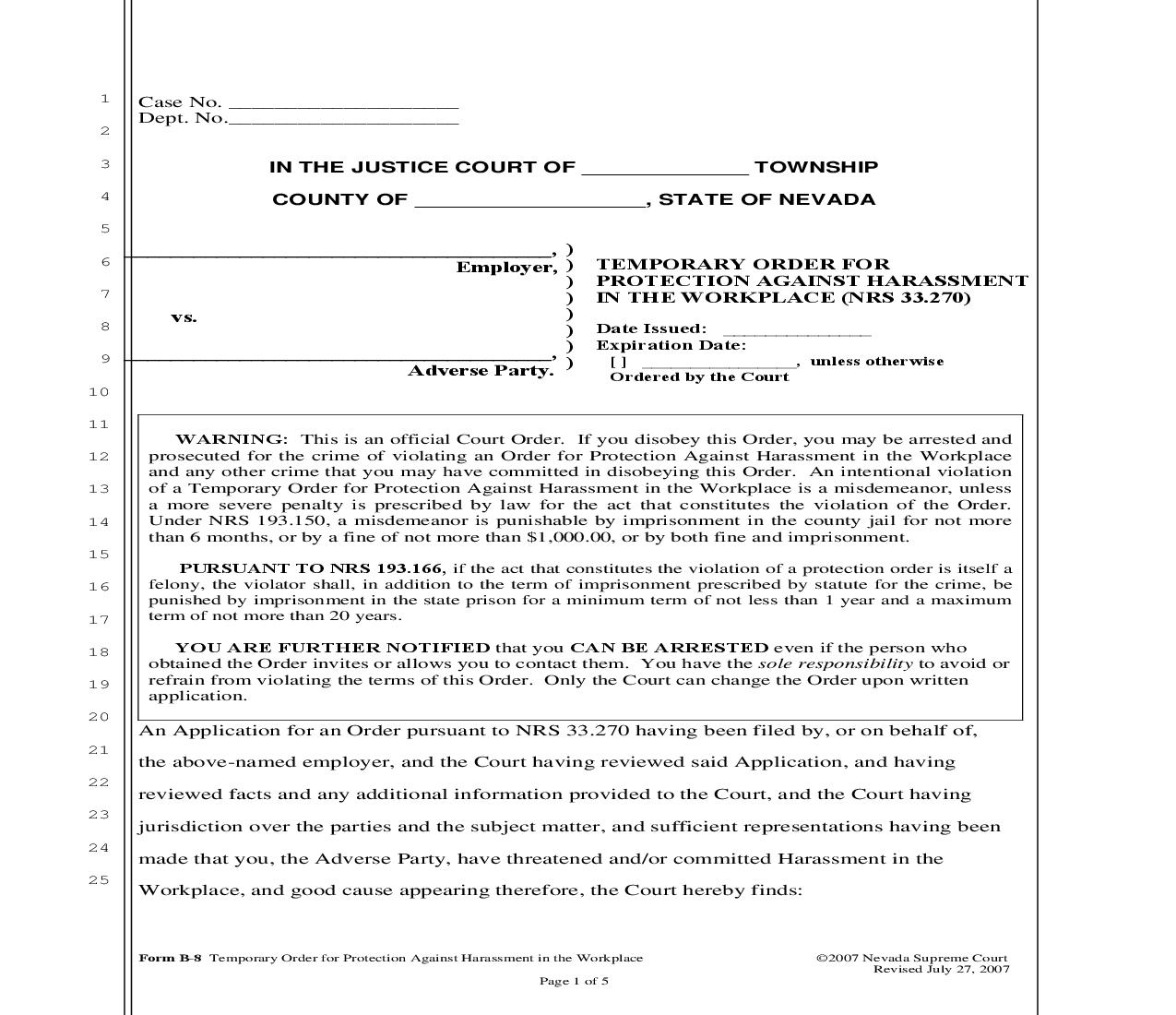Temporary Order For Protection Against Harassment In The Workplace {B-8} | Pdf Fpdf Doc Docx | Nevada