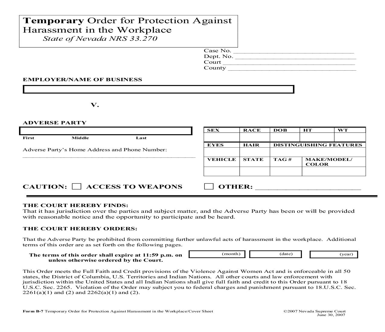 Temporary Order For Protection Against Harassment In The Workplace Cover Sheet {B-7} | Pdf Fpdf Doc Docx | Nevada