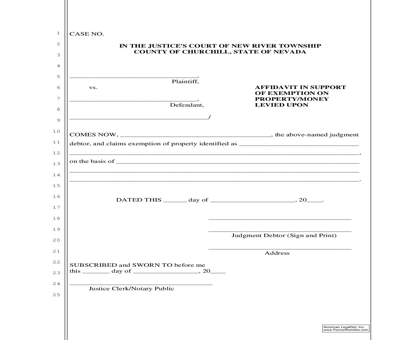 Affidavit In Support Of Exemption On Property Money Levied Upon | Pdf Fpdf Doc Docx | Nevada