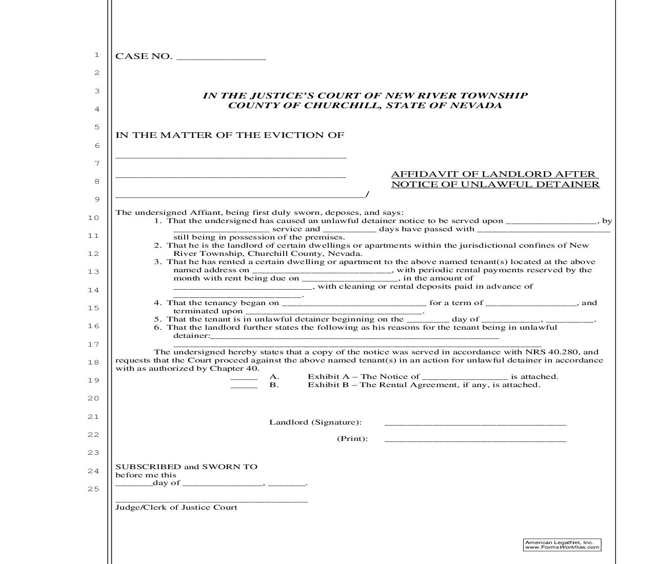 Affidavit Of Landlord After Notice Of Unlawful Detainer | Pdf Fpdf Doc Docx | Nevada