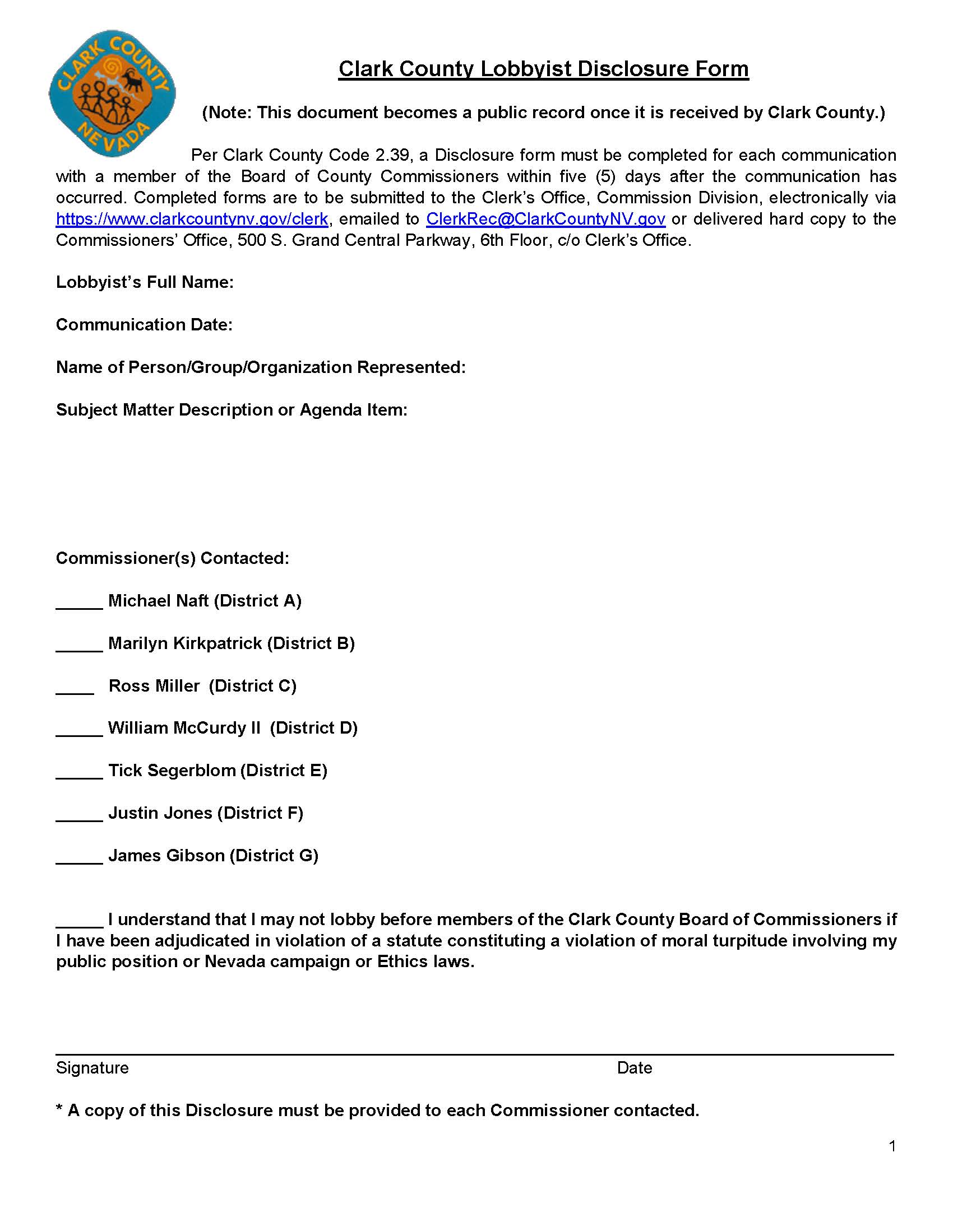 Clark County Lobbyist Disclosure Form | Pdf Fpdf Docx | Nevada