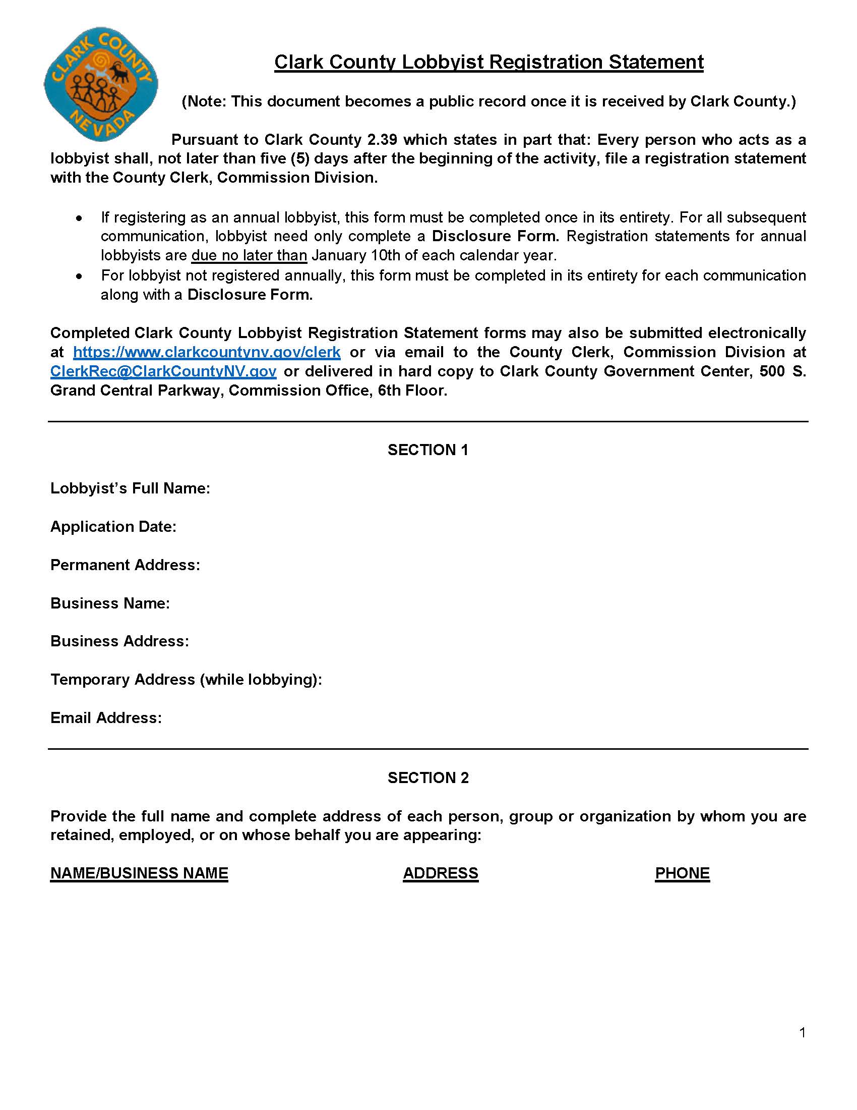 Clark County Lobbyist Registration Statement | Pdf Fpdf Doc Docx | Nevada