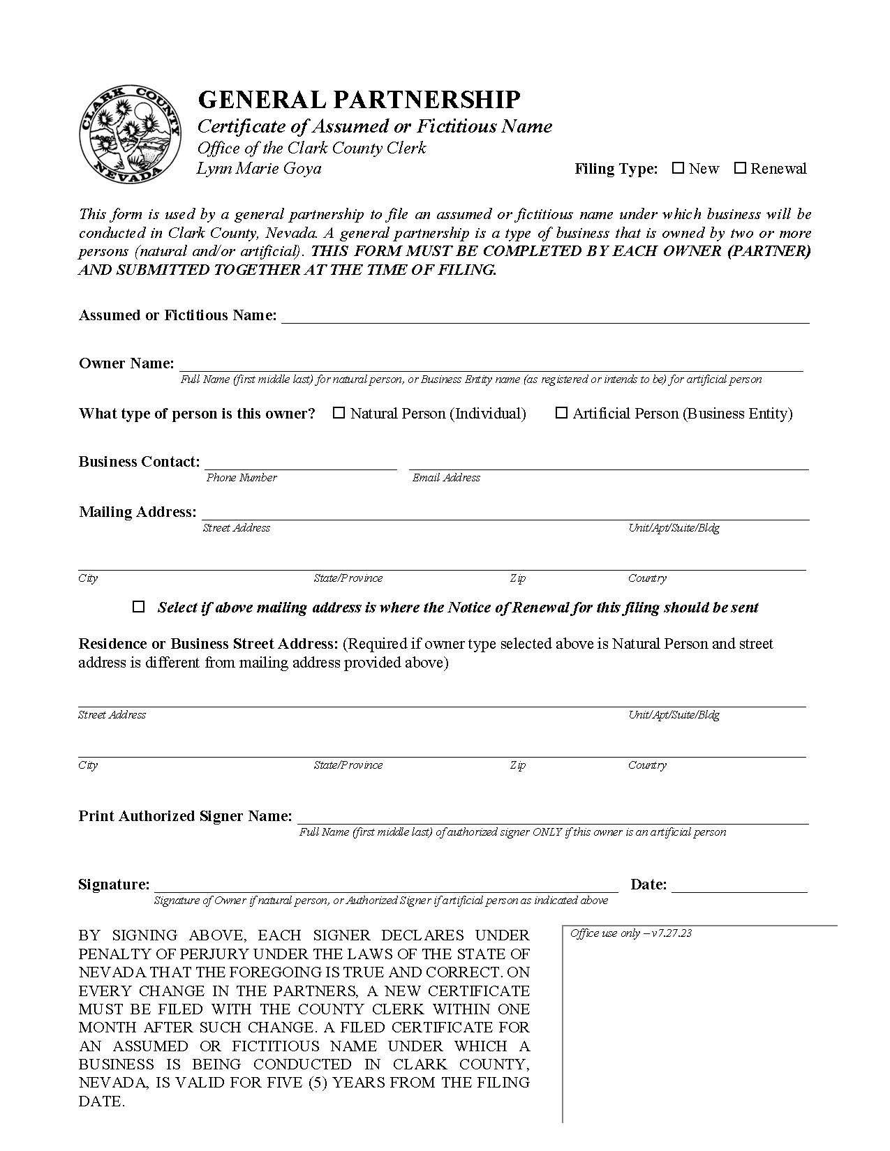 General Partnership Certificate Of Assumed Or Fictitious Name | Pdf Fpdf Docx | Nevada