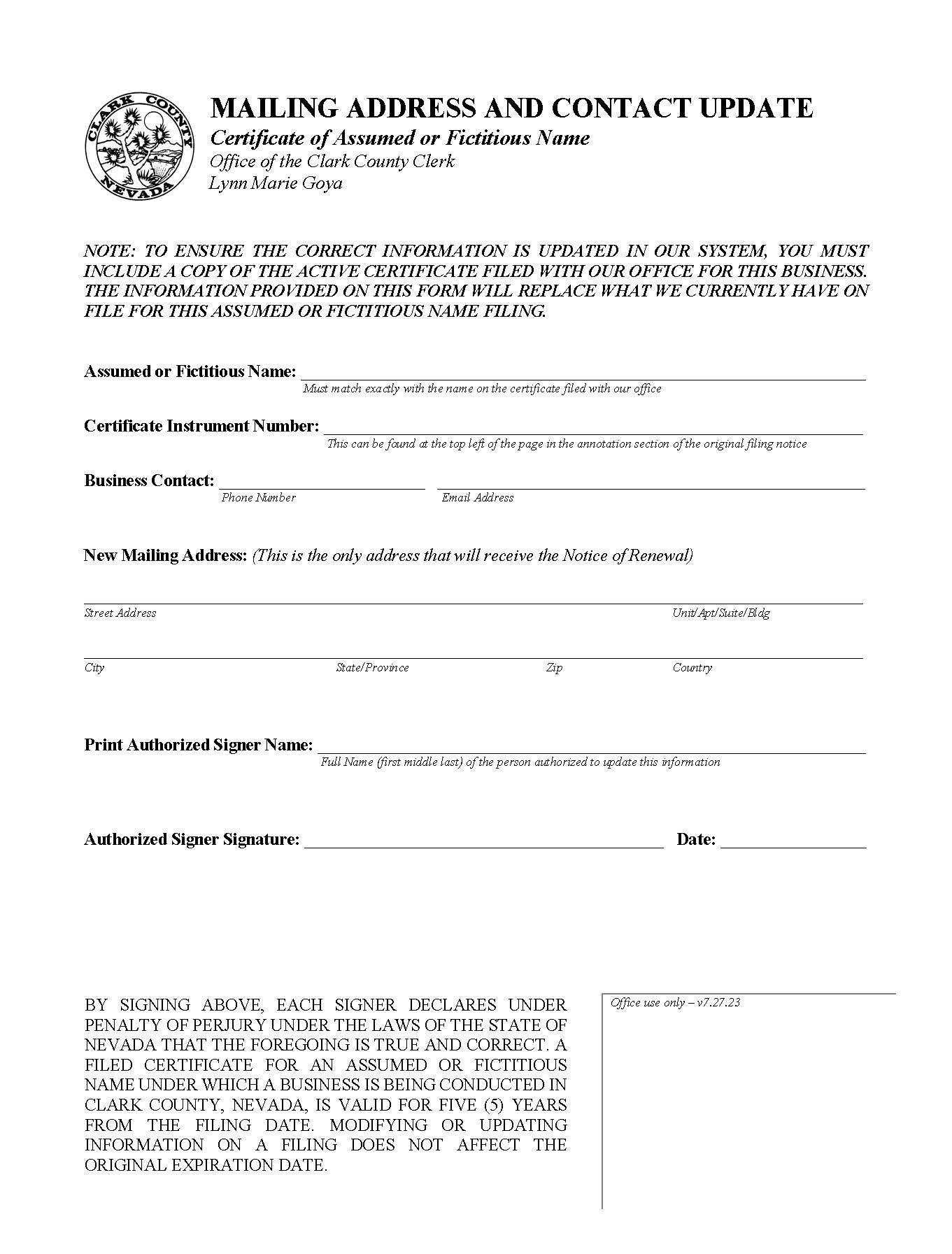 Mailing Address And Contact Update Certificate Of Assumed Or Fictitious Name | Pdf Fpdf Docx | Nevada