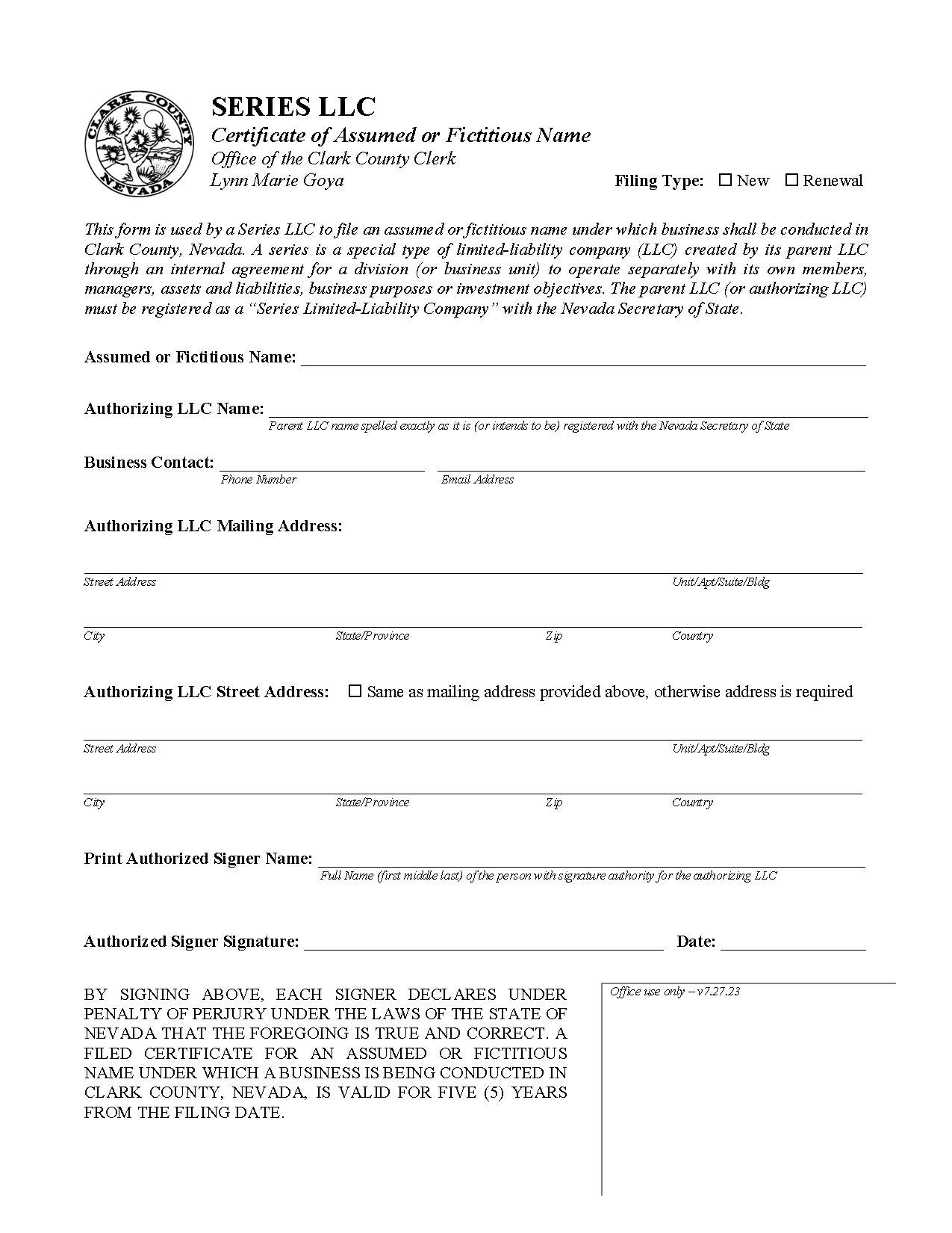 Series LLC Certificate Of Assumed Or Fictitious Name | Pdf Fpdf Docx | Nevada