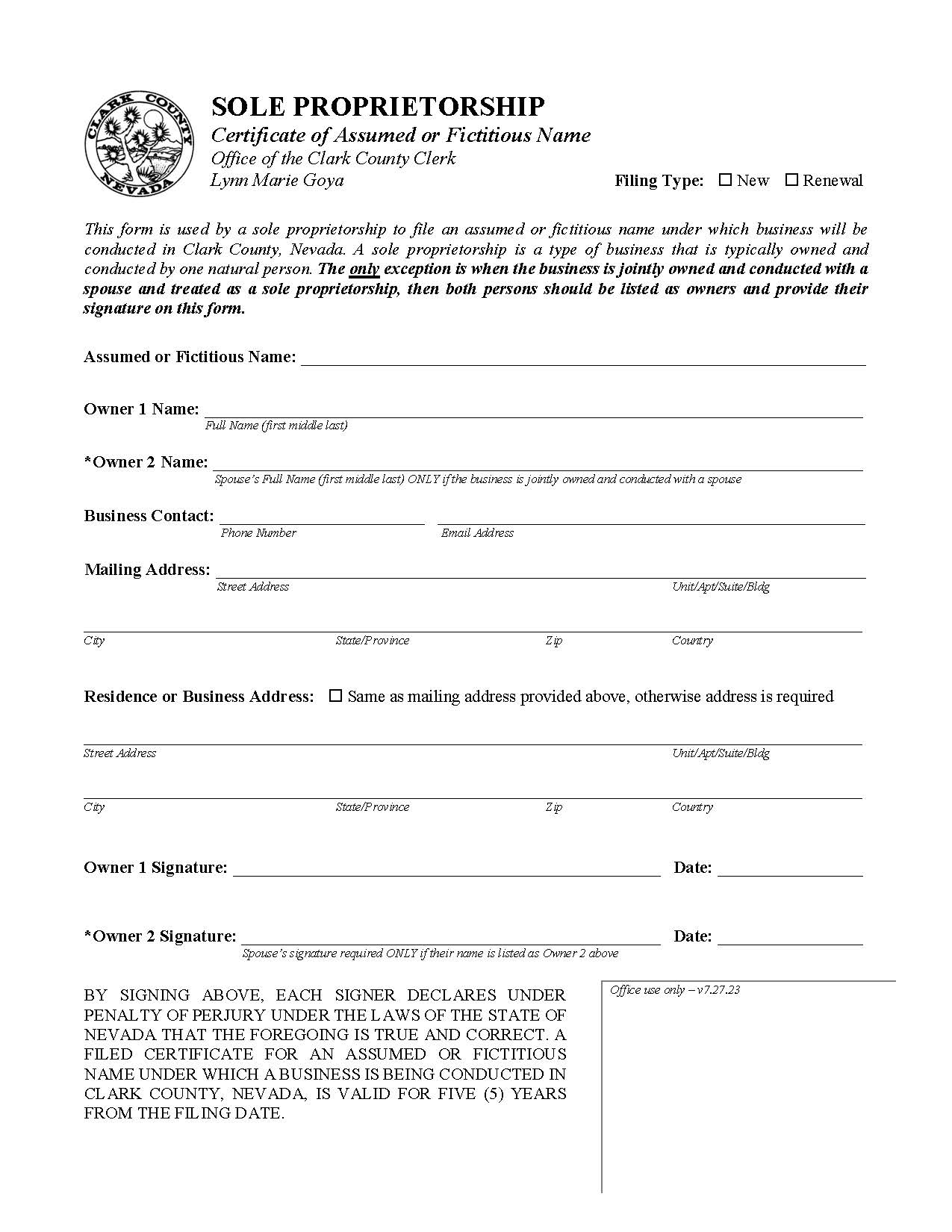 Sole Proprietorship Certificate Of Assumed Or Fictitious Name | Pdf Fpdf Docx | Nevada