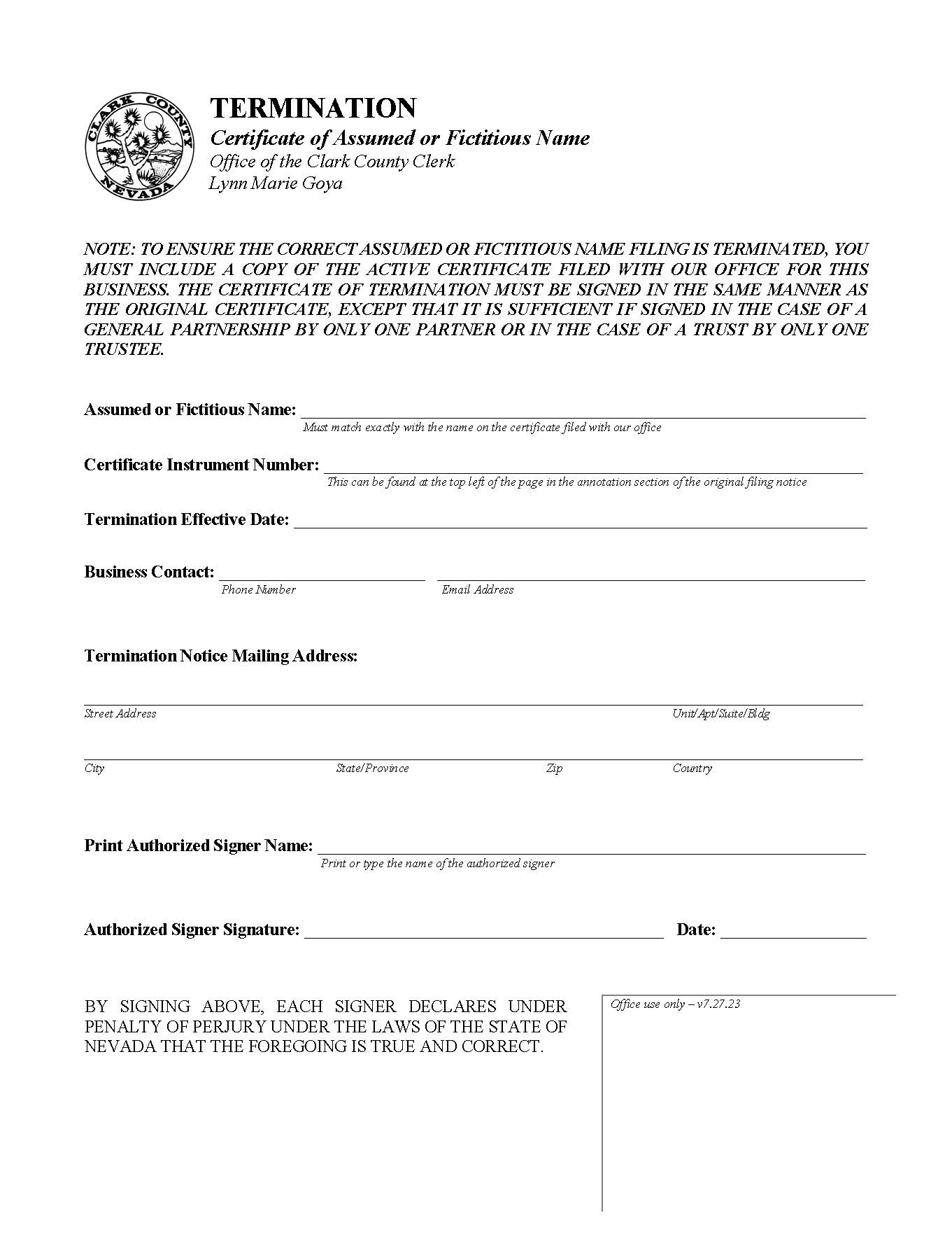 Termination Certificate Of Assumed Or Fictitious Name | Pdf Fpdf Docx | Nevada