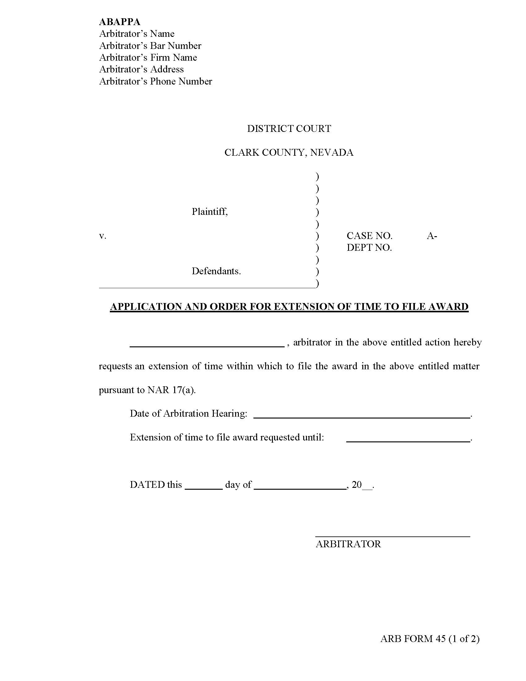 Application And Order For Extension Of Time To File Award {45} | Pdf Fpdf Docx | Nevada