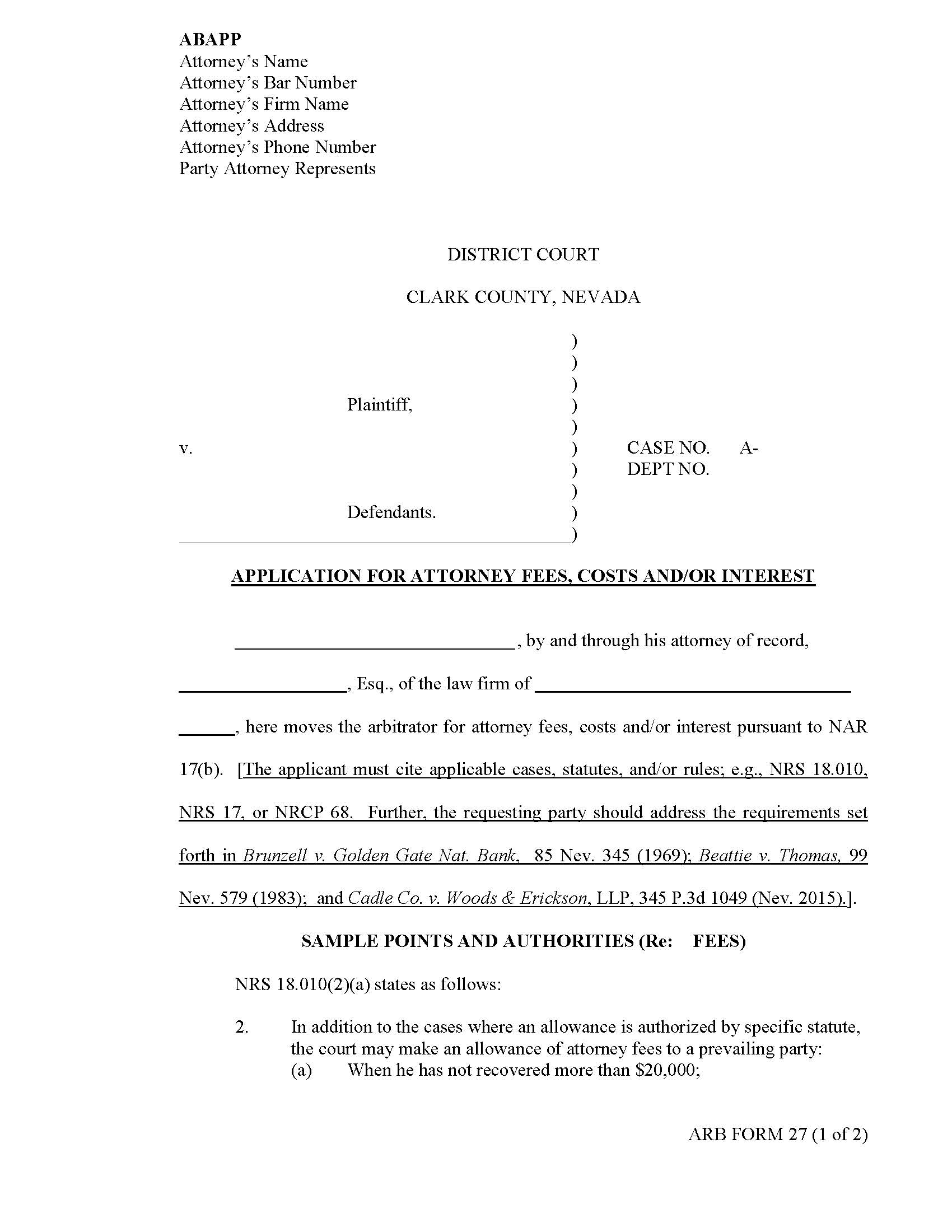 Application For Attorneys Fees Costs And Or Interest {27} | Pdf Fpdf Doc Docx | Nevada