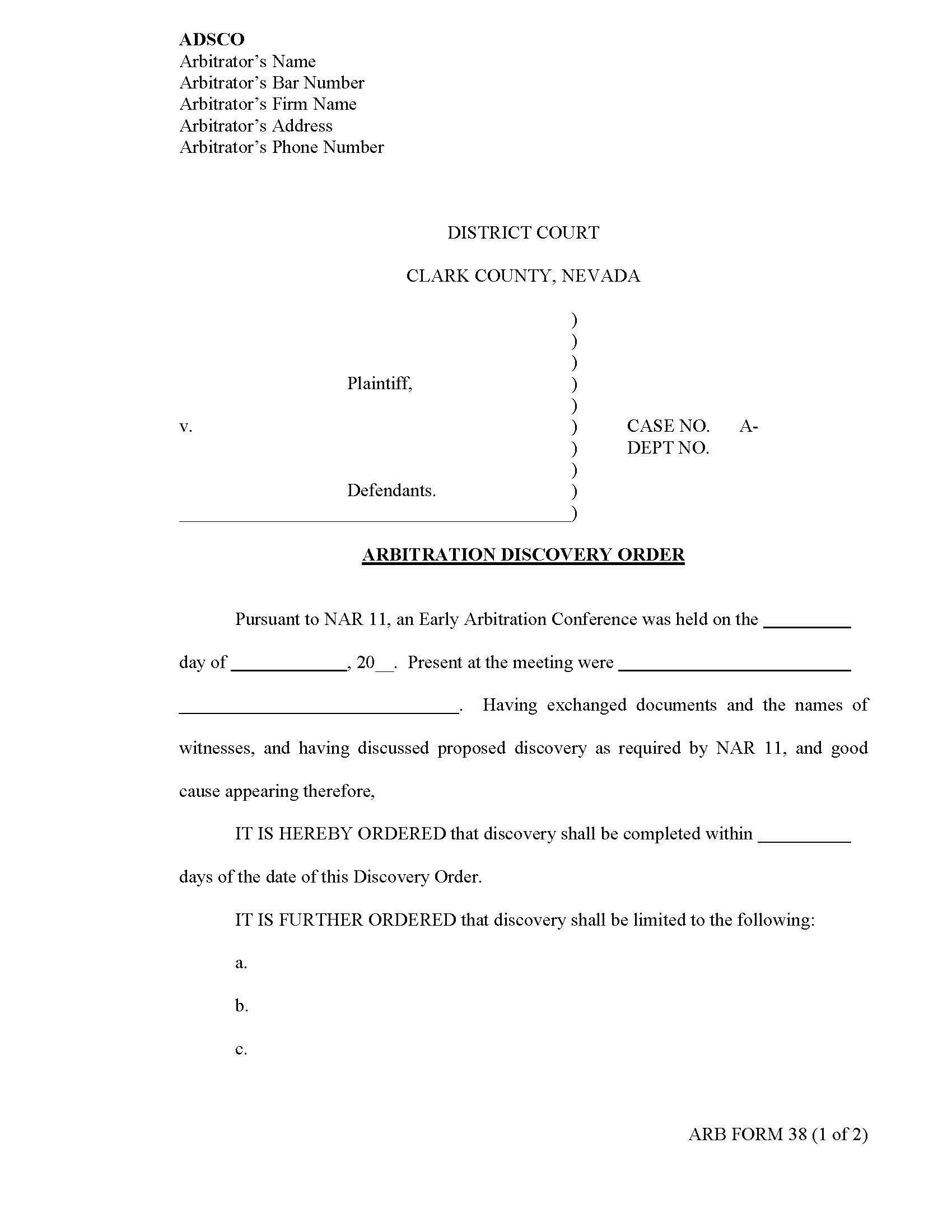 Arbitration Discovery Order {38} | Pdf Fpdf Docx | Nevada