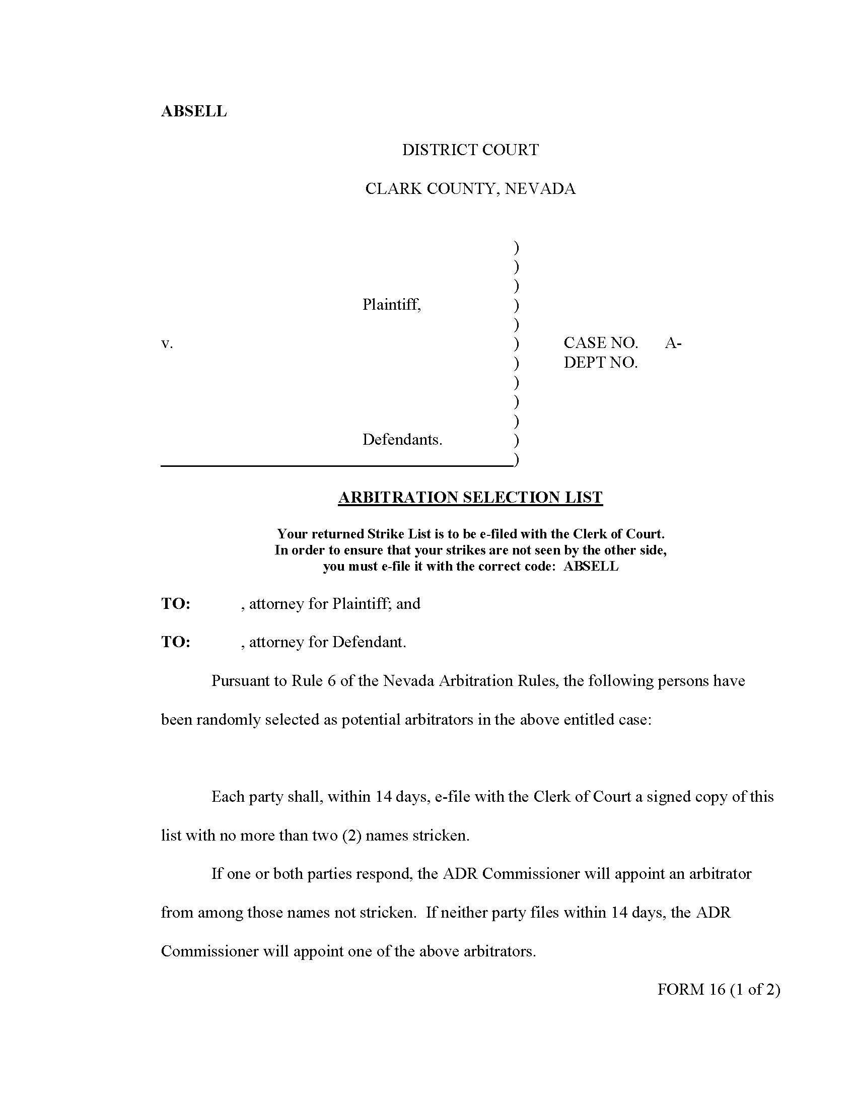 Arbitration Selection List {16} | Pdf Fpdf Docx | Nevada
